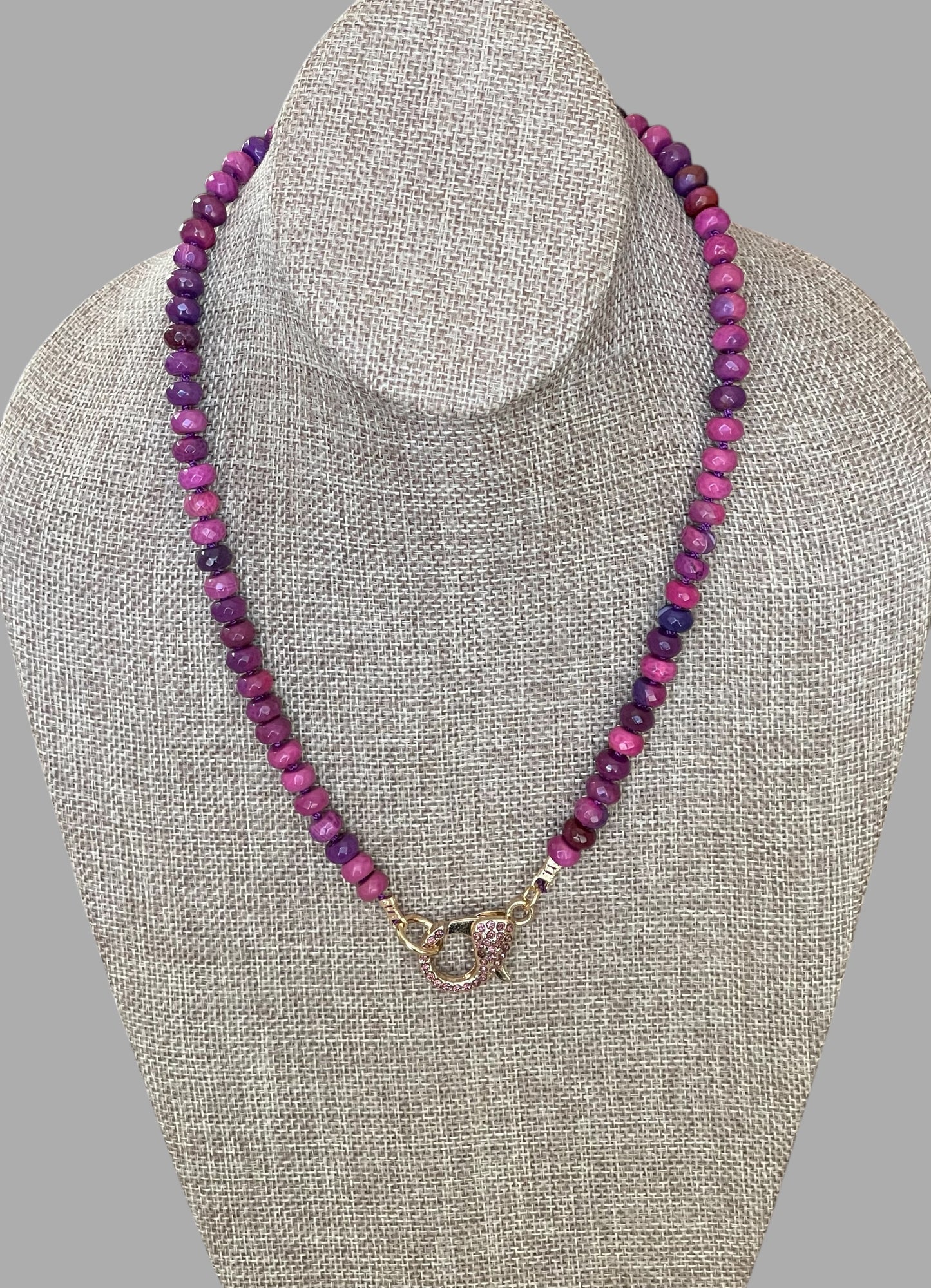 Cascadia Bloom Necklace: 2 Options- Dyed Agate faceted beads Hand knotted on silk, one w/ hot pink silk and hot pink pavé clasp and the other on purple silk w/ purple pavé clasp