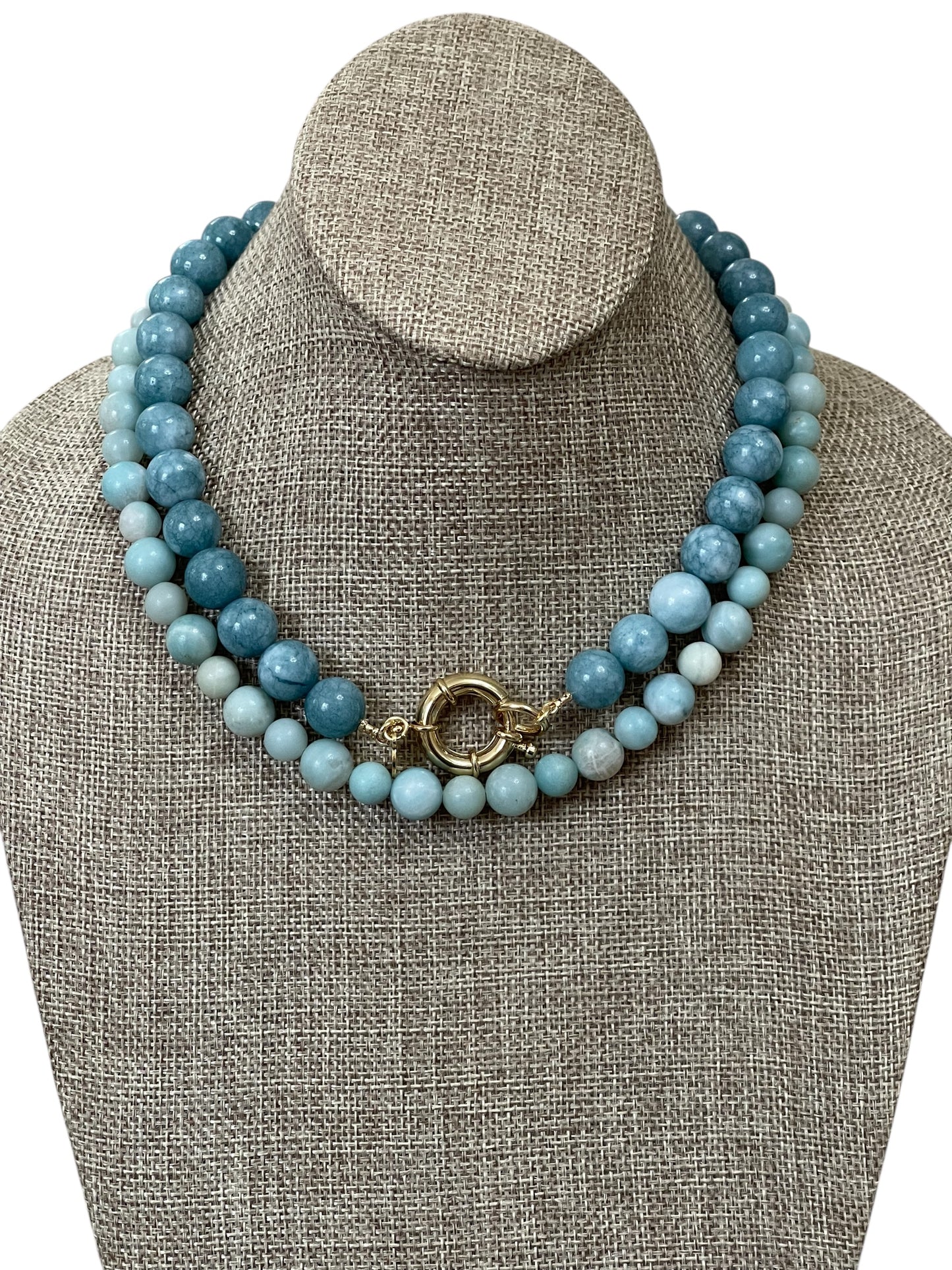 Blue Haven Necklace: Blue Jade gemstone 12mm beads Gold Nautical clasp OOAK