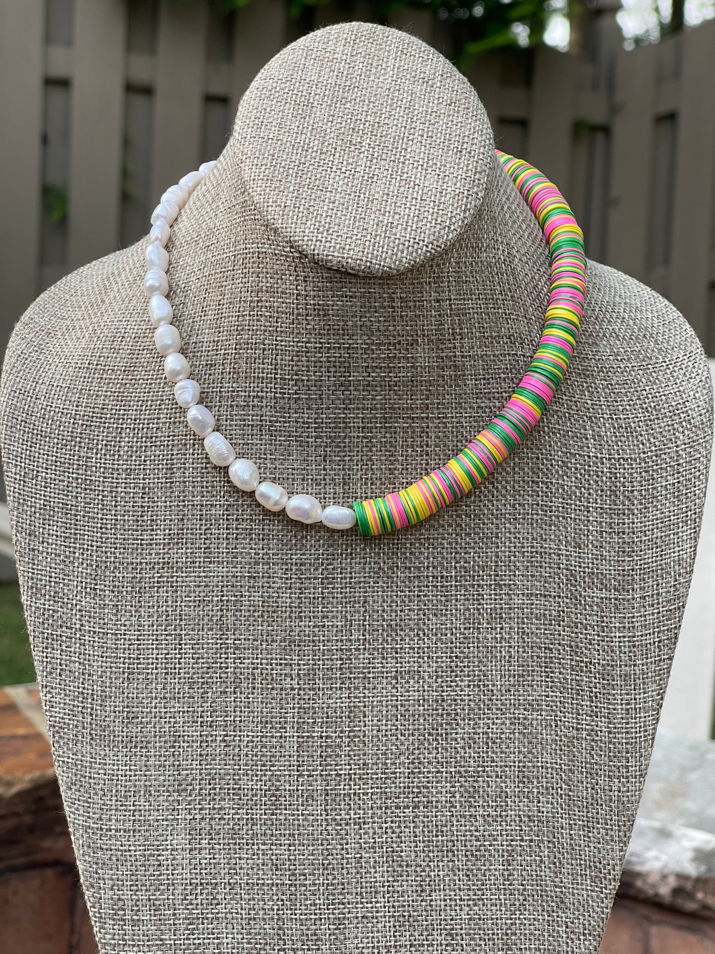 Double Take Necklace: Freshwater Pearls Meet Fun Bright Phono Vinyl Beads Gold Clasp & Extender