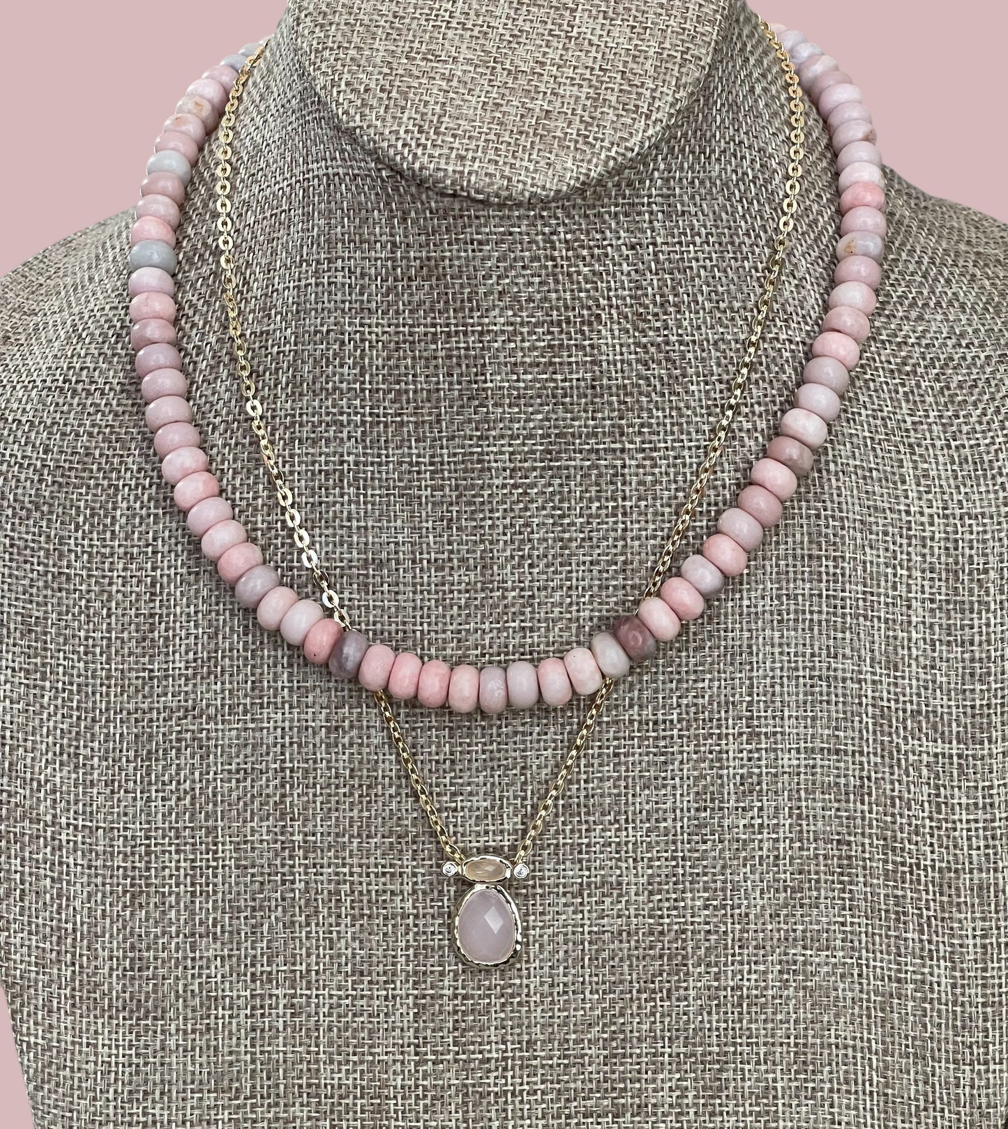 The Chic Pink Set: Matte pink opals with a gold charm holder clasp & a gold filled chain w a pink crystal and CZ charm OOAK