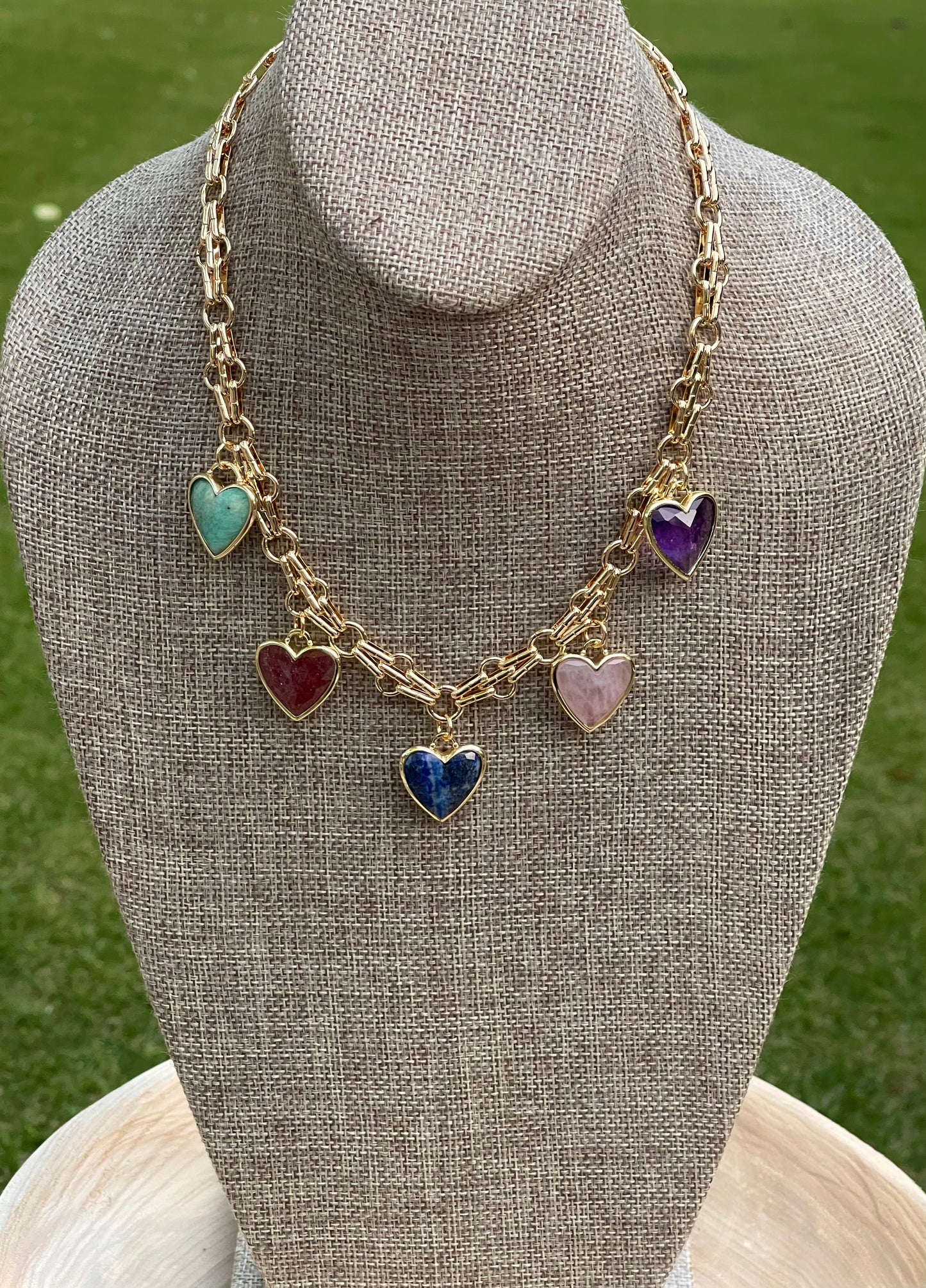 Queen of Hearts Necklace: Faceted Gemstone Hearts on a unique Anti-tarnish Chain