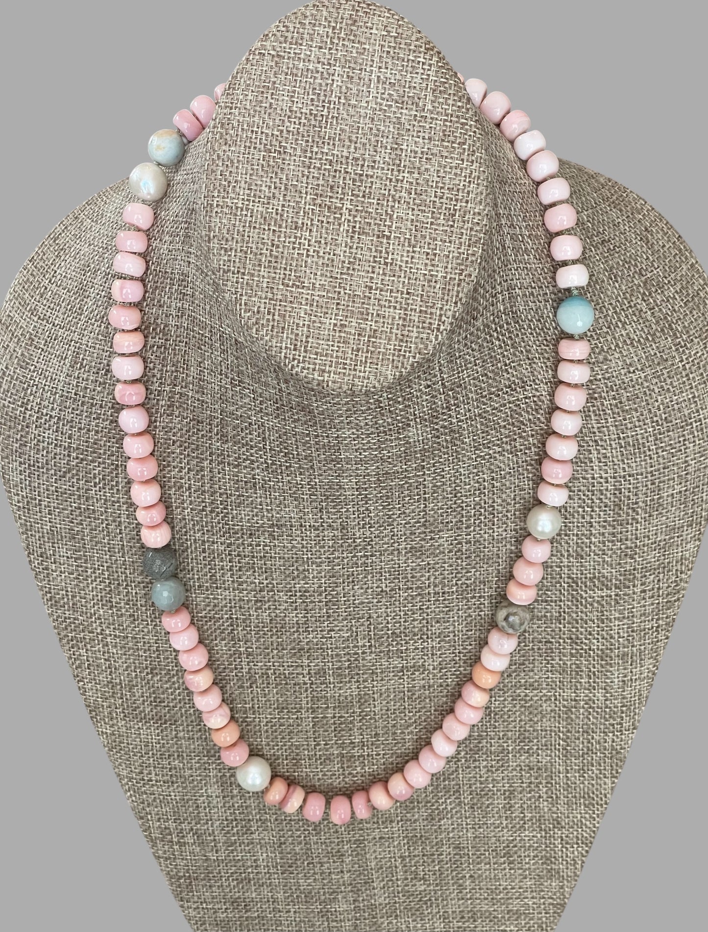The Audrey Necklace: Natural pink opals hand knotted on pale green silk w Pearls and Amazonite