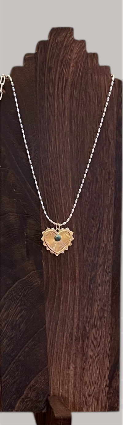 The Sierra Necklace: OOAK Sterling Silver rice shaped chain with a gold heart pendant sporting a genuine turquoise stone centerpiece