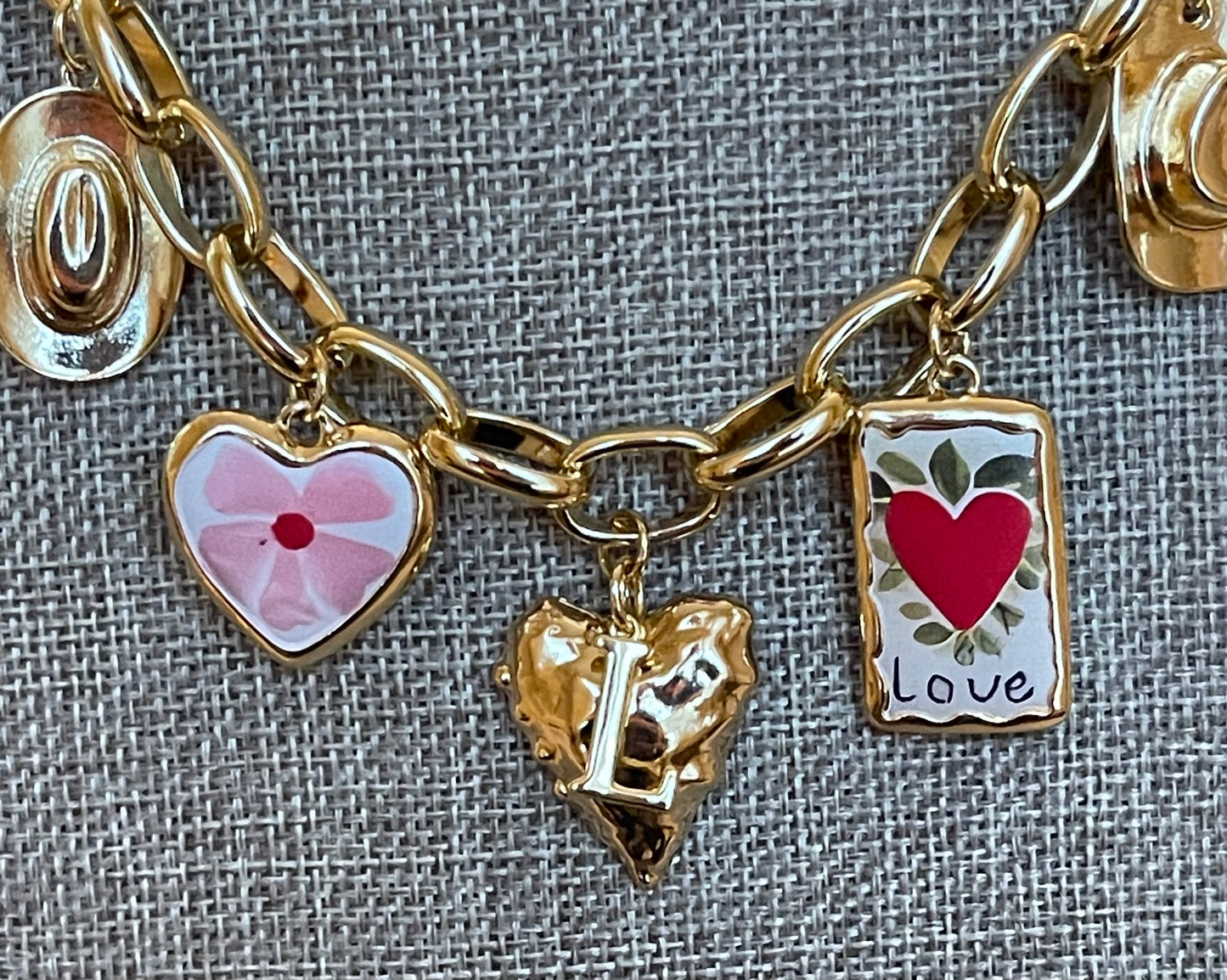 The Rachel Necklace: OOAK Thick gold chain w various fun gold plated charms in a pink and red theme