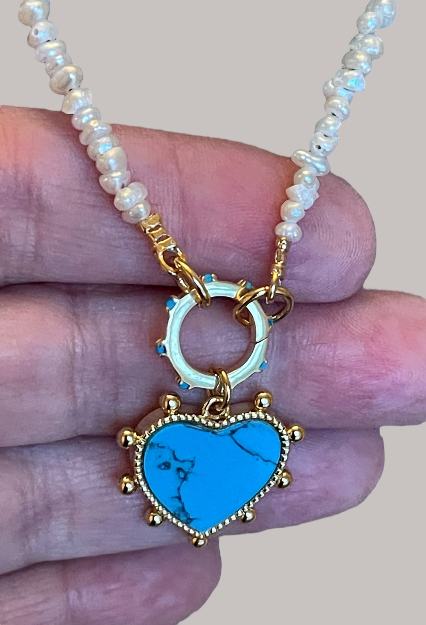The Azure Heart Necklace: Petite rustic freshwater pearls, gold and turquoise clasp/charm holder Adorable faux turquoise heart charm OOAK