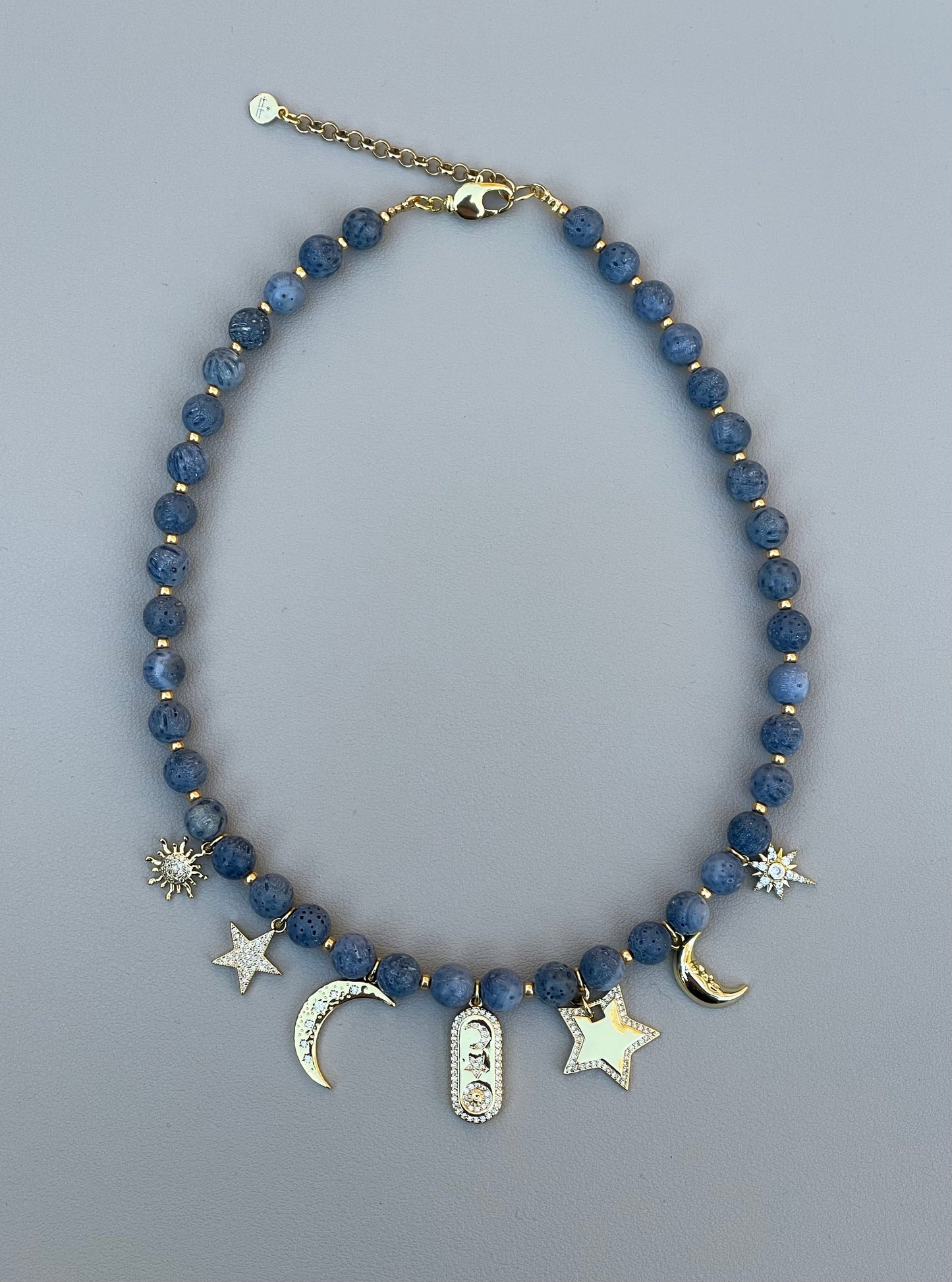 The Celestial Necklace: Indonesian Coral beads perfect for essential oil diffusing, Gold charms with CZ accents