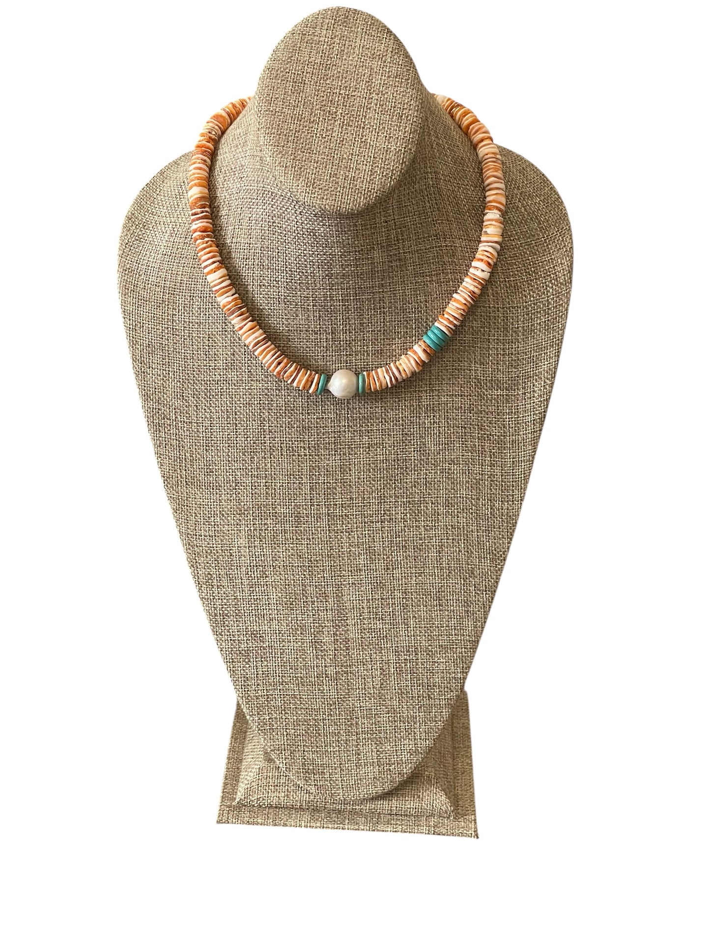 Baja Surf Necklace: Spiny Oyster Shell w Tuquoise (Howlite) and a Baroque Pearl Gold or Silver Clasp