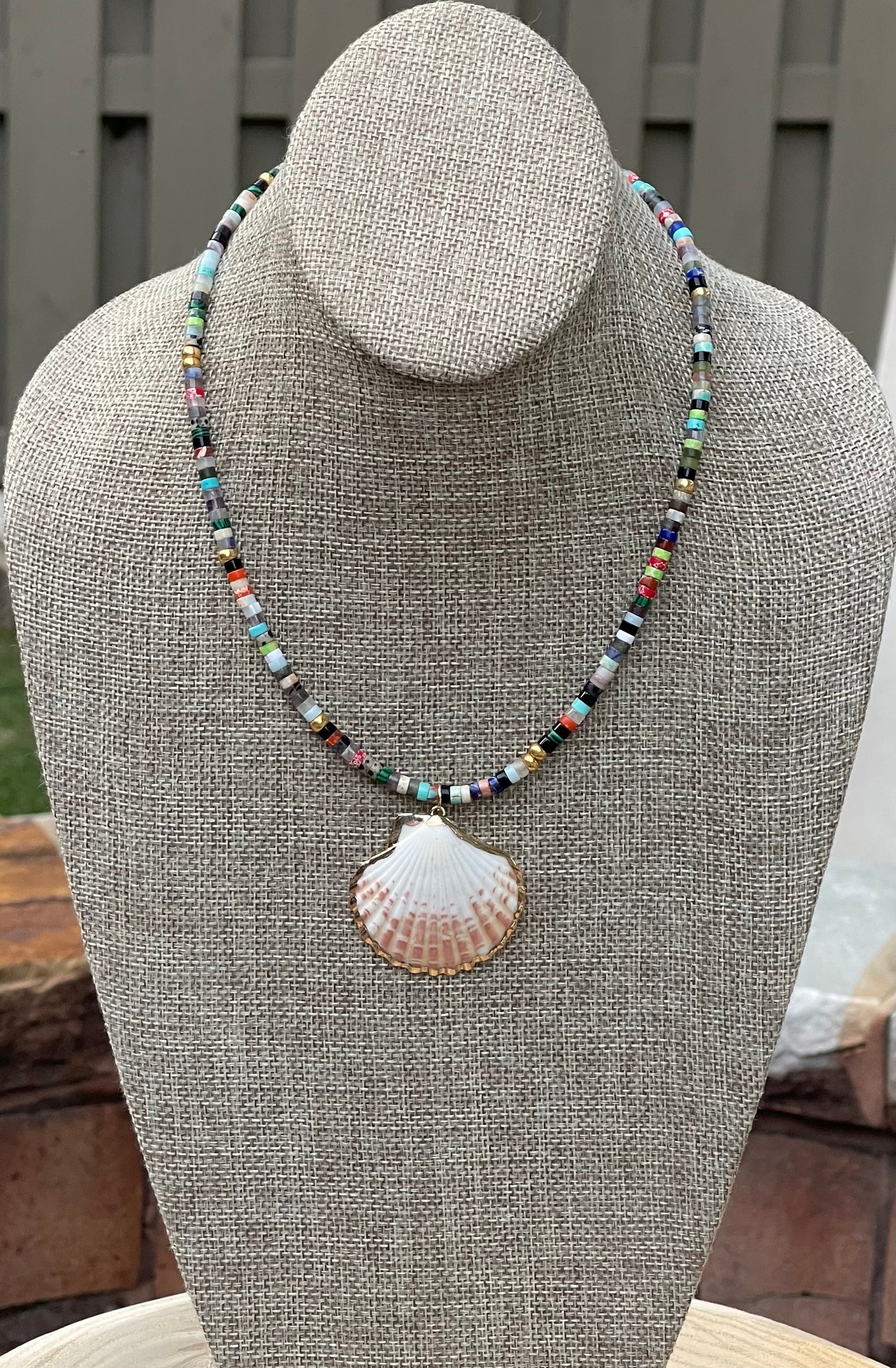 Multi Gem Seashell Necklace: Large variety of natural gemstone beads gold accents Natural seashell pendant