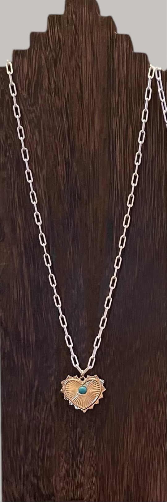 The Sonora Necklace: OOAK Bright silver Paperclip chain with a gold heart pendant sporting a genuine turquoise stone accent