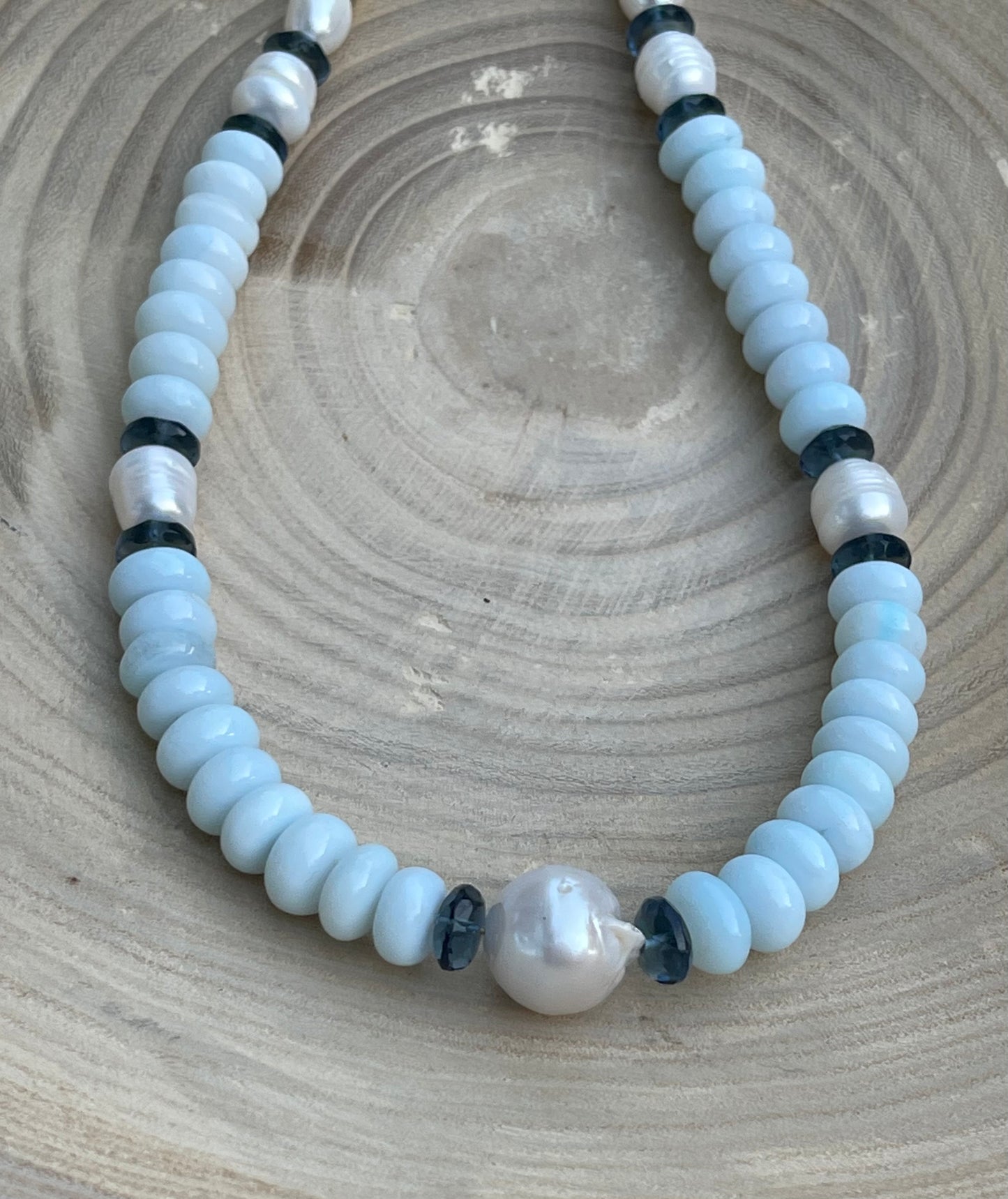 Coastal Charm Necklace OOAK: Pale blue opals AAA quality pearls London blue topaz Brushed silver clasp