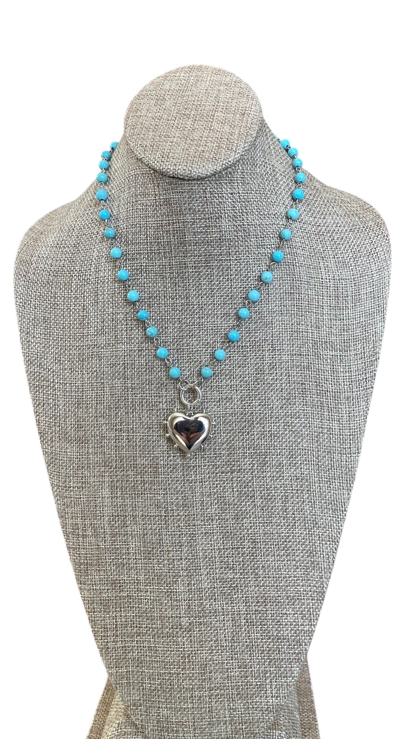 Rhodium Sky necklace: Turquoise Howlite bead rosary style chain Silver circle clasp/charm holder Rhodium silver plated heart pendant