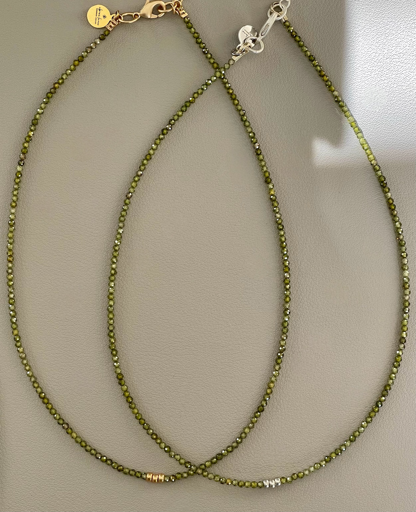 Green Zircon Skinnie: Olive Green Zircon beads with Gold or Silver accents
