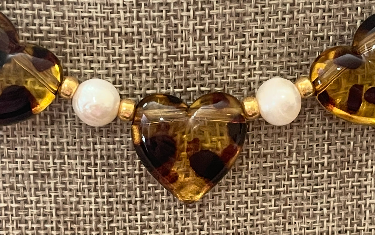 Leopard Love Necklace: Acrylic Leopard Print hearts with gold glass accent beads and Freshwater Pearls Gold Pavé toggle clasp
