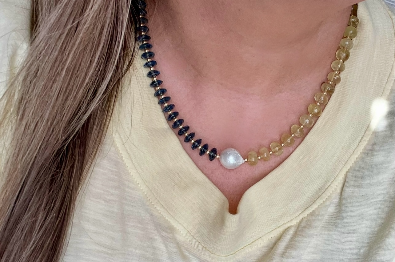 Lemon London Necklace: Lemon Quartz and London Blue Topaz Gemstone Beads Gold Accents Baroque Pearl Center OOAK