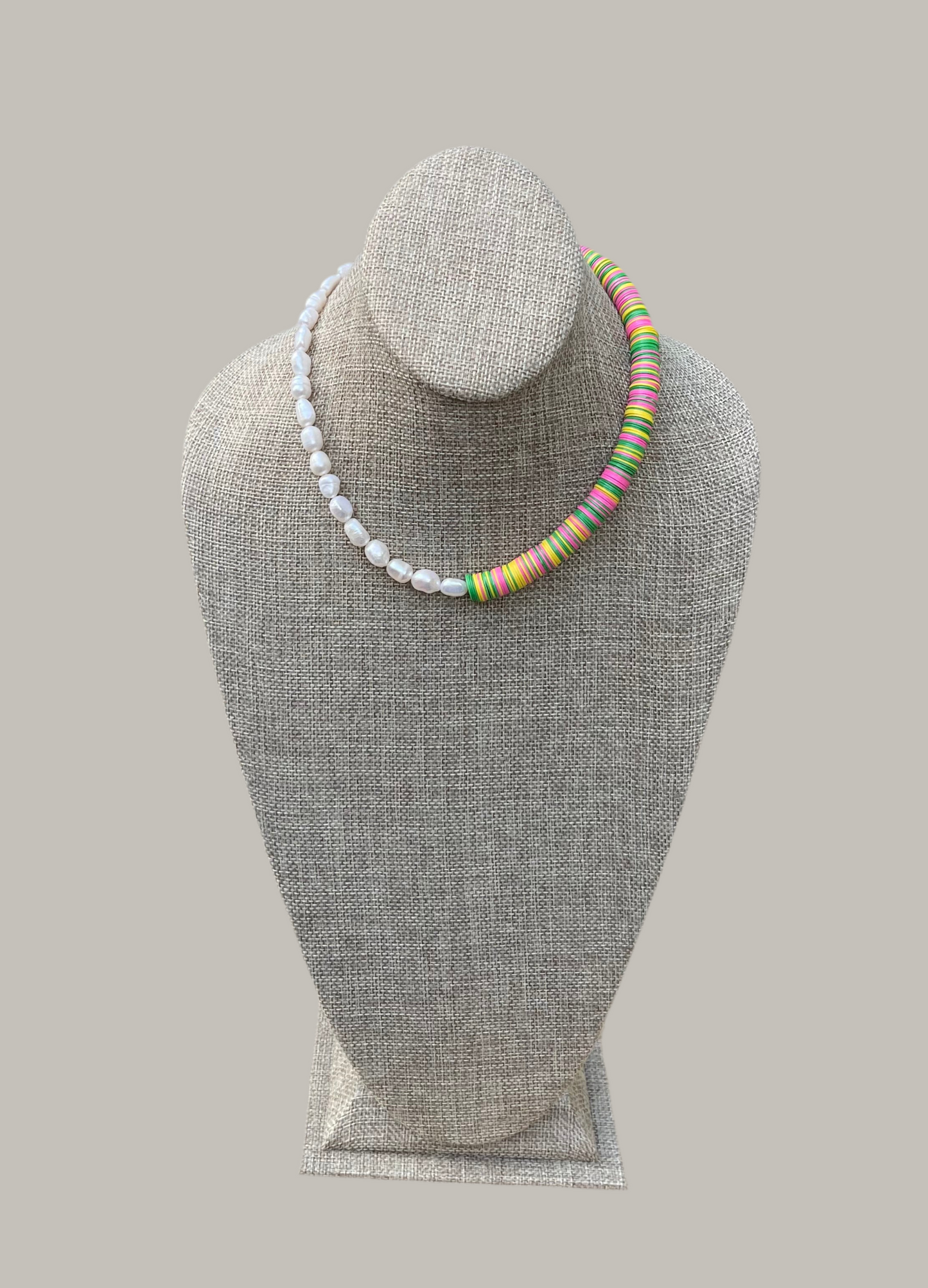 Double Take Necklace: Freshwater Pearls Meet Fun Bright Phono Vinyl Beads Gold Clasp & Extender
