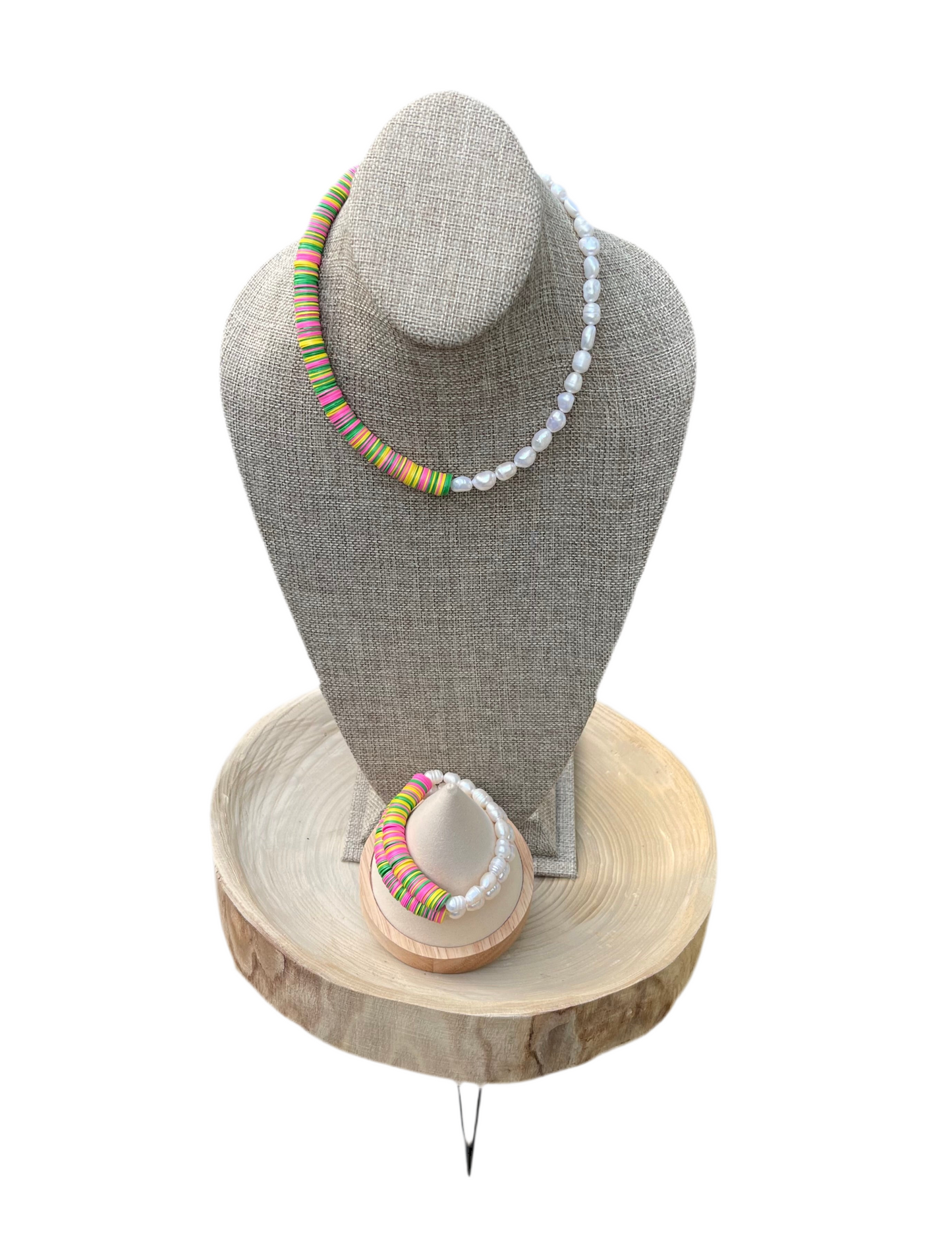 Double Take Bracelet: Freshwater Pearls Meet Fun Bright Phono Vinyl Beads Stretch Bracelet