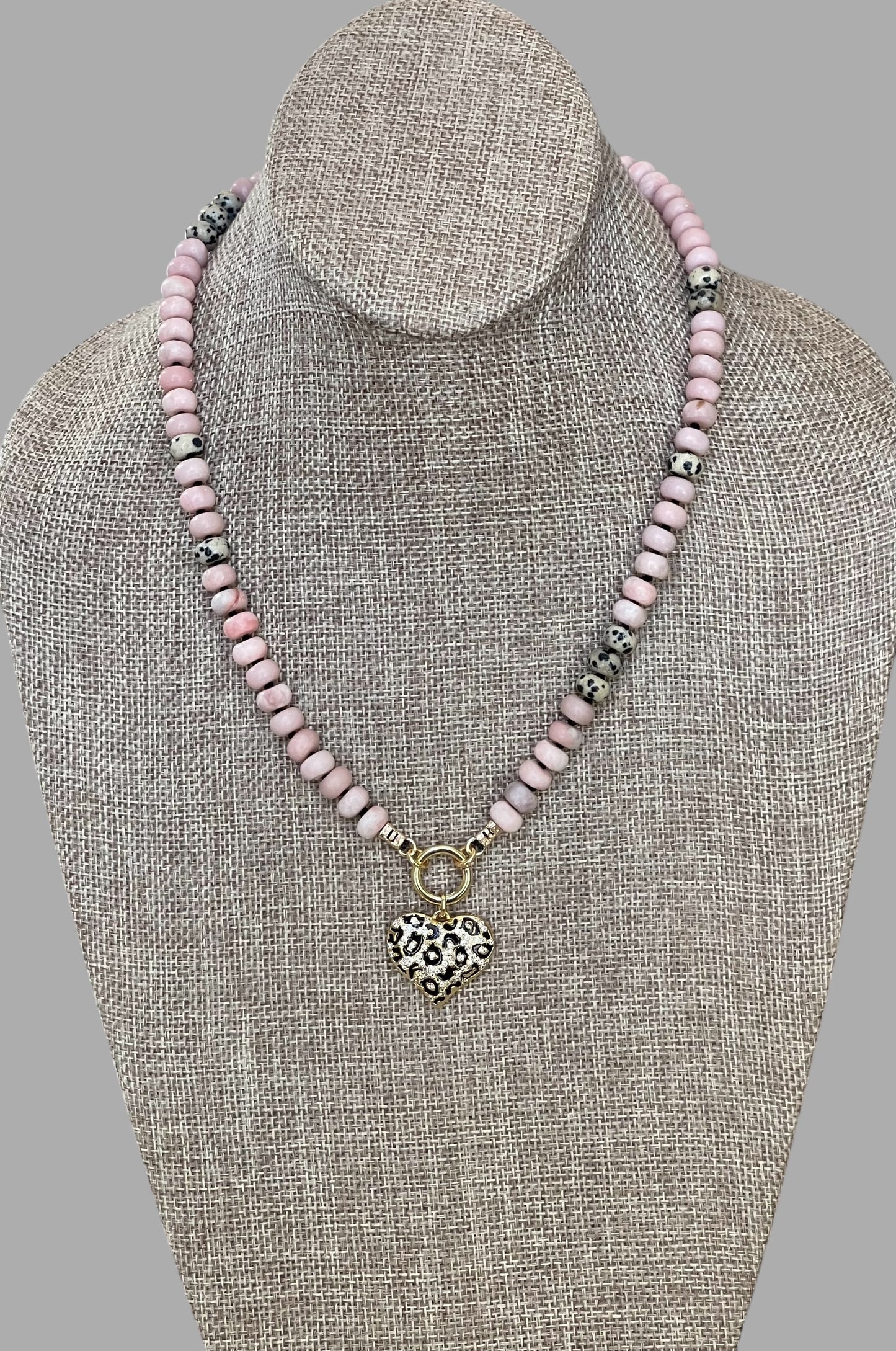 The Pink Leopard Necklace: Natural matte pink opals hand knotted on black silk w Dalmatian Jasper accents Gold pavé leopard heart OOAK