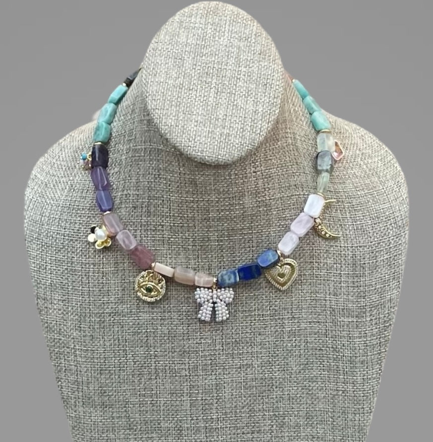 The Gemmy Charms Necklace: Mixture of Gemstone rectangle beads and fun gold charms—Limited Edition
