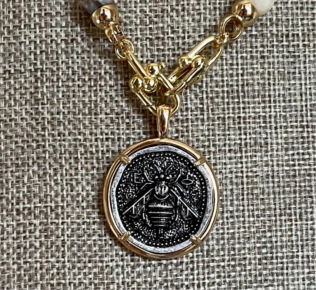 Agate Bee Necklace: Handknotted Bamboo Agate Beads with an Ancient Greek Reproduction Coin Pendant
