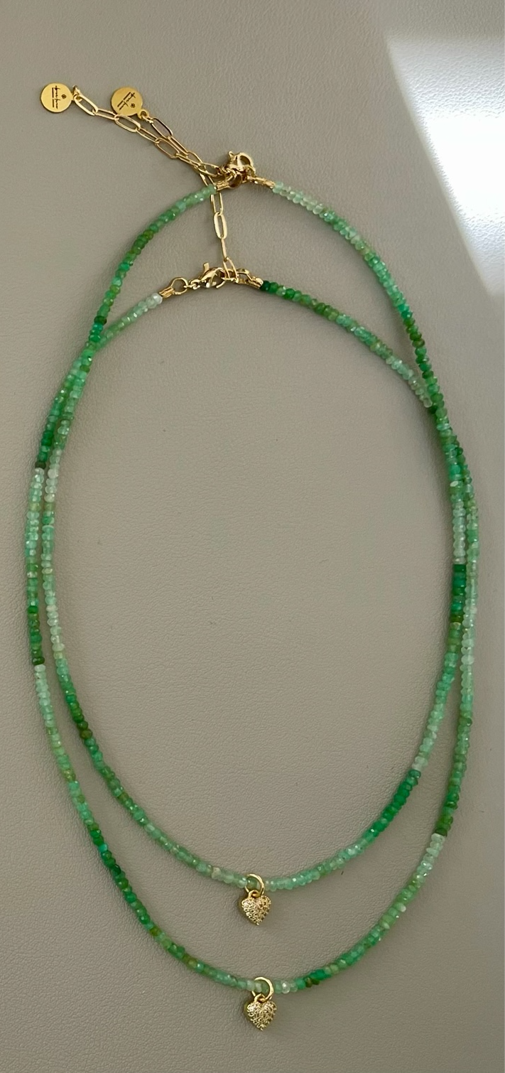 Chrysoprase Tiny Heart Skinnie: gradient Chrysoprase faceted 3mm beads Gold Pavé heart charm and gold clasp