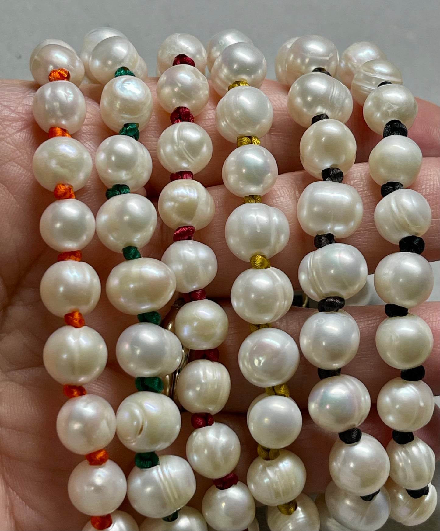 Satiny Pearls Bracelet: Freshwater Pearls Hand Knotted on Satin Cord in Stunning Fall/Winter Tones Gold or Silver Clasp