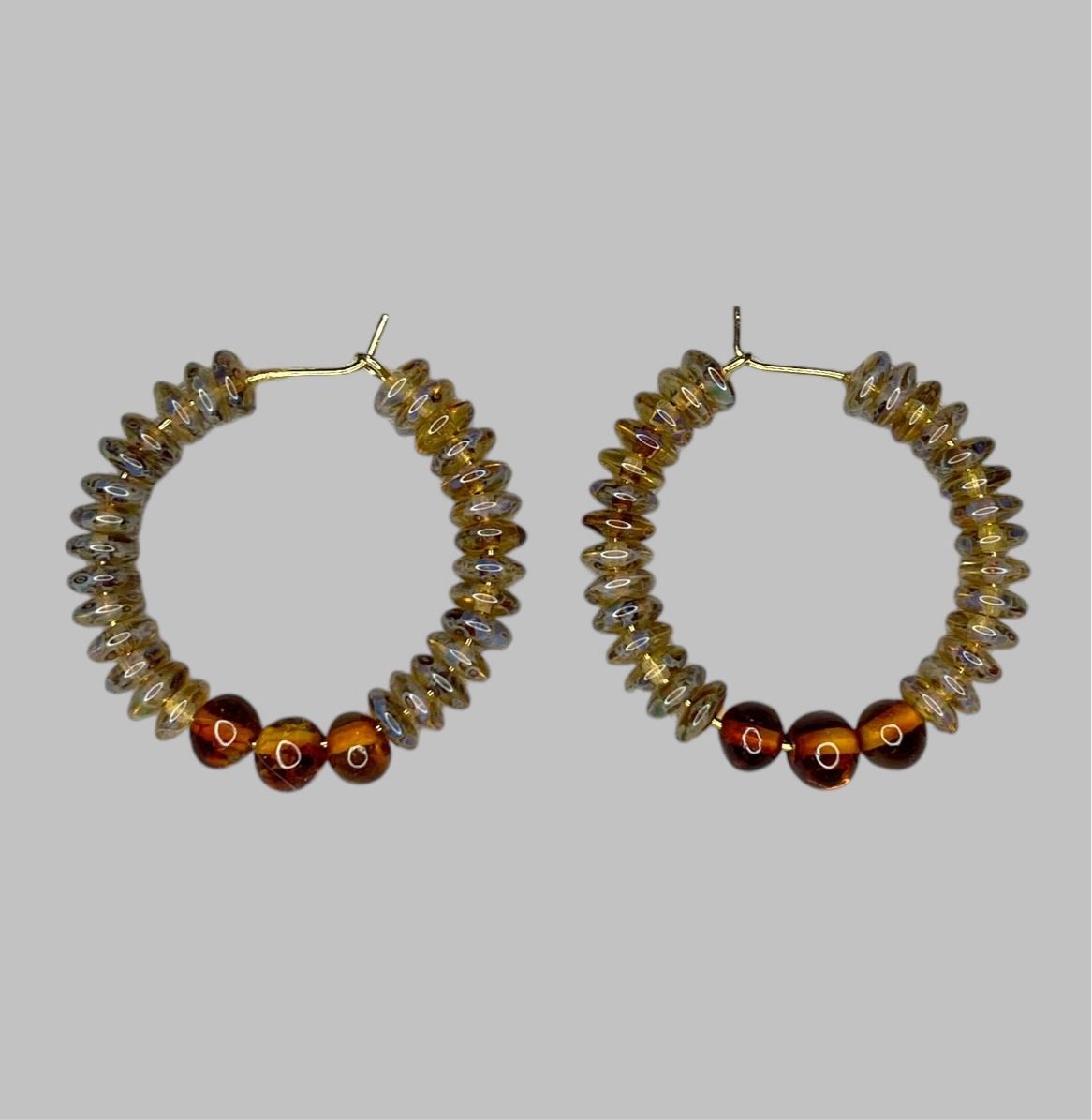Baltic Amber Stone Earrings: Gold or Silver Hoop earrings with Czech Glass beads and Natural Baltic Stone