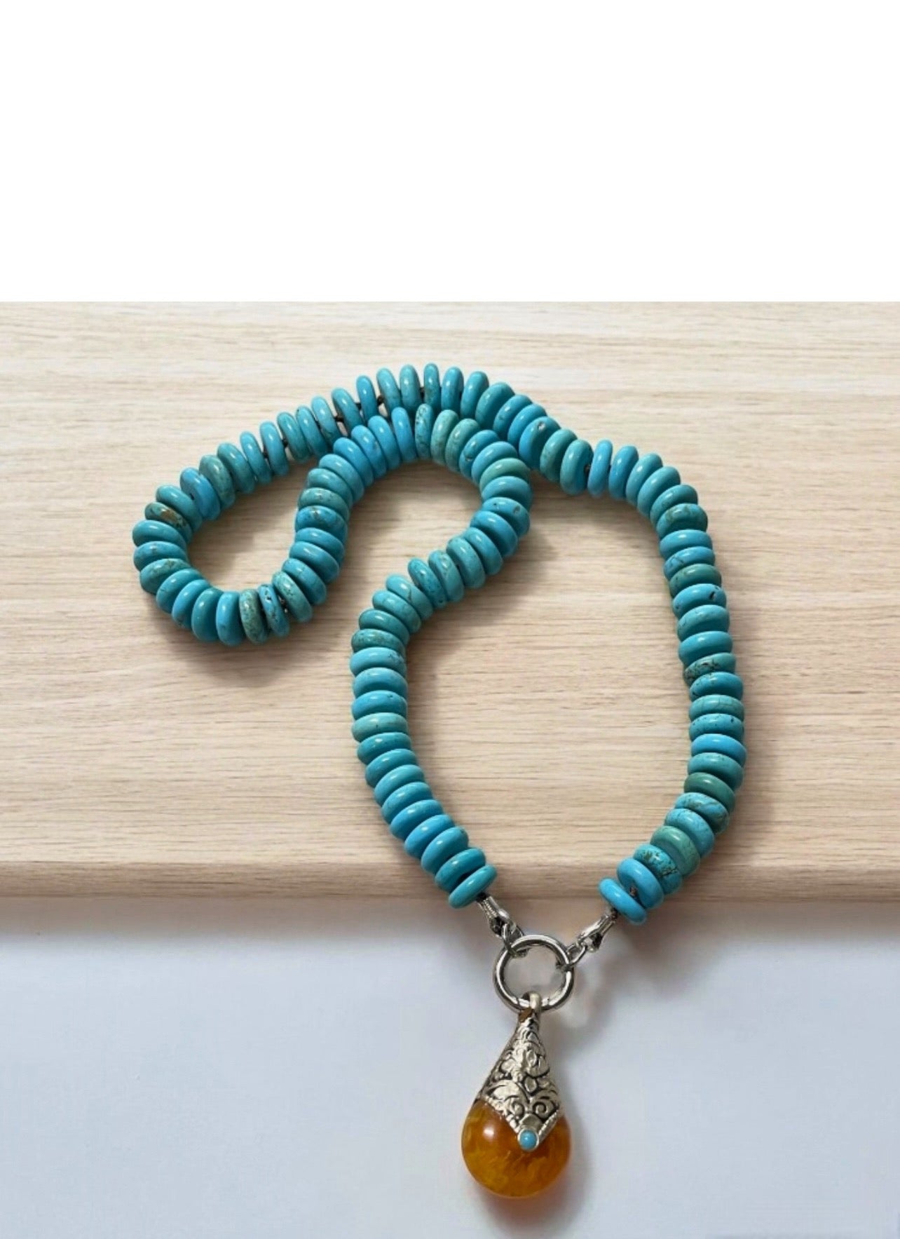 Desert Sky Necklace: Quality Natural Turquoise Hand-knotted on Deep Brown Silk w Pendant Wear 2 Ways