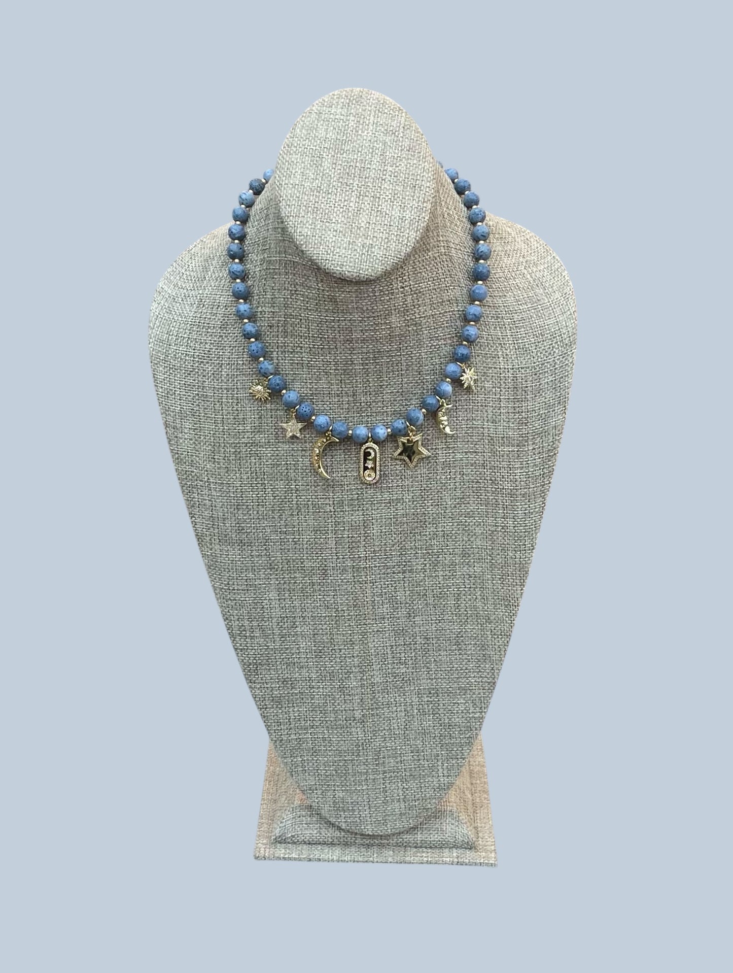 The Celestial Necklace: Indonesian Coral beads perfect for essential oil diffusing, Gold charms with CZ accents