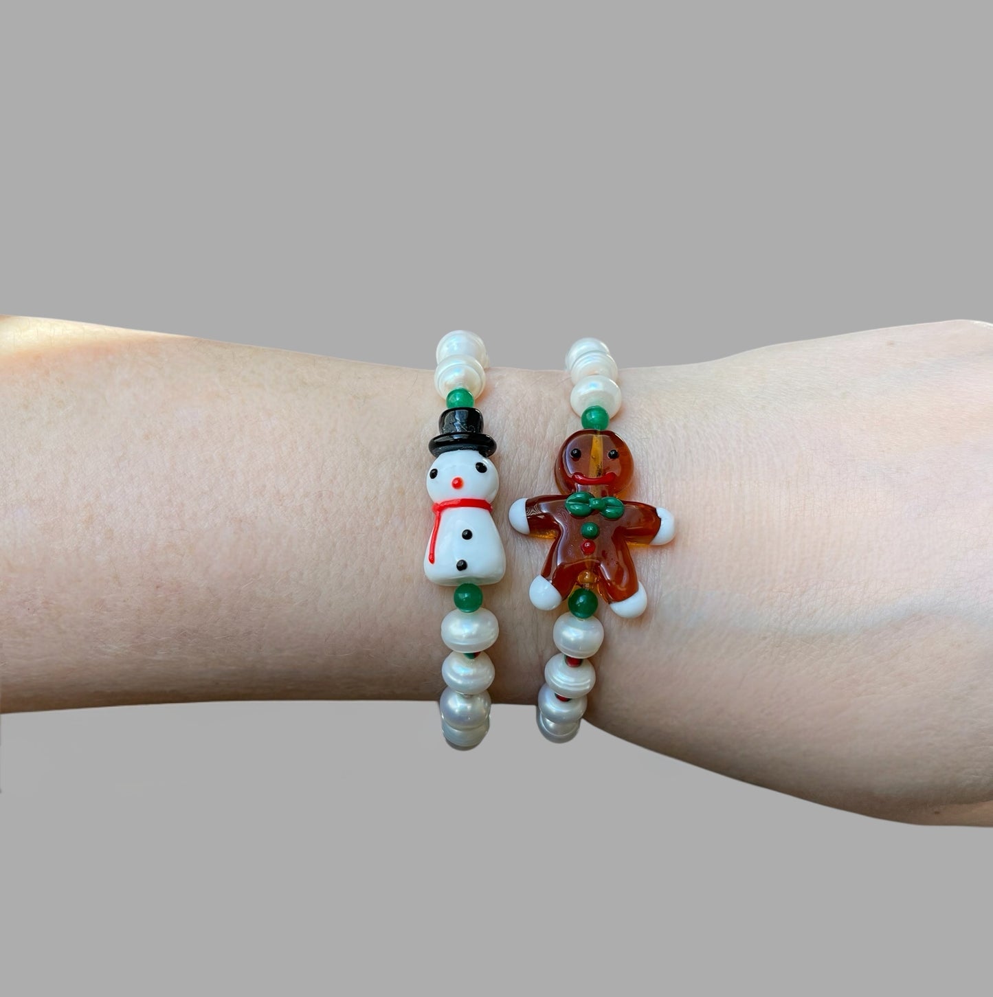 Holiday Snowball Bracelets: Hand painted glass centerpiece on a Freshwater Pearl stretch bracelet FREE SHIPPING