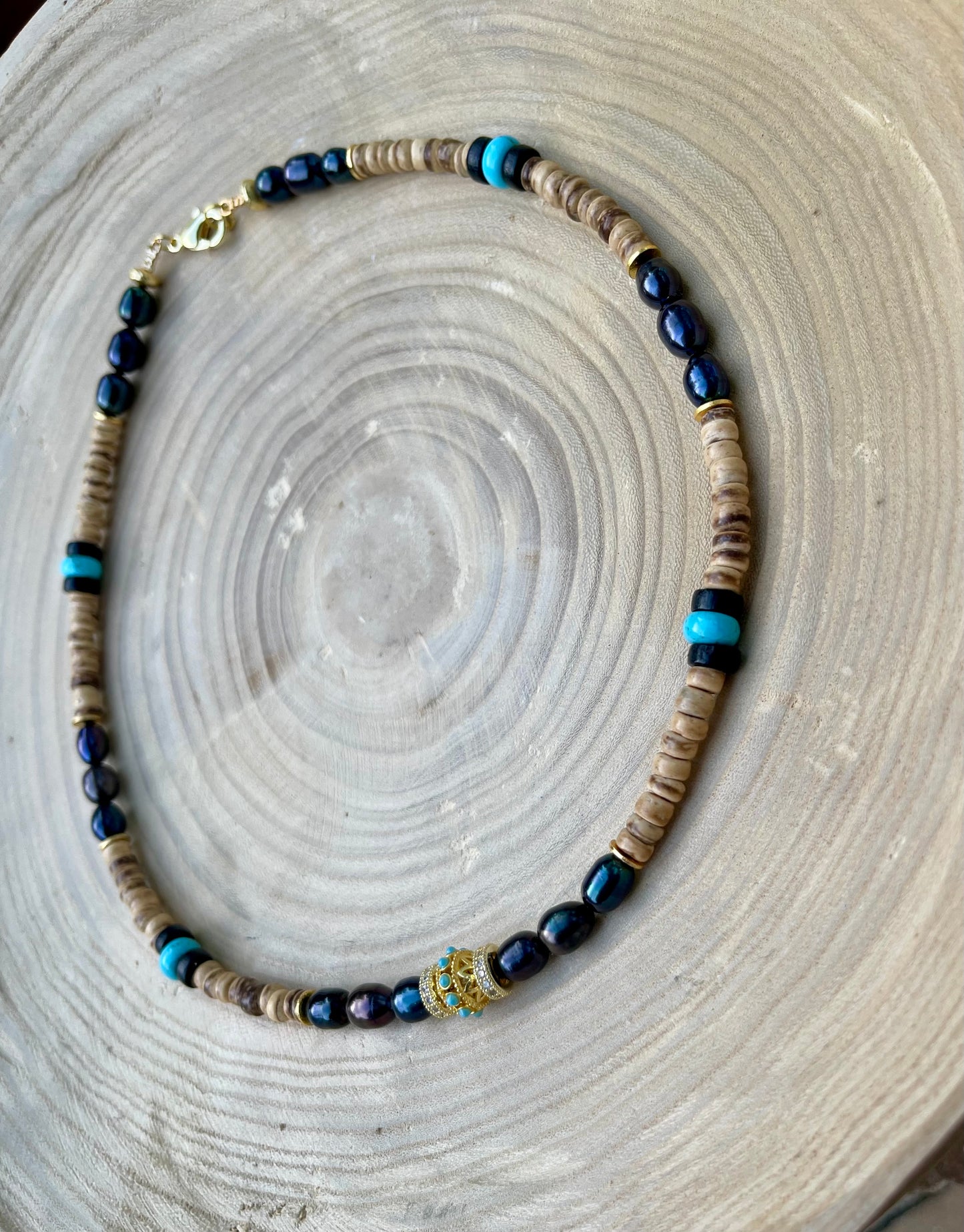 Coconut Midnight Pearl Necklace: Coconut Shell, Freshwater midnight Pearls, Turquoise & gold accents OOAK