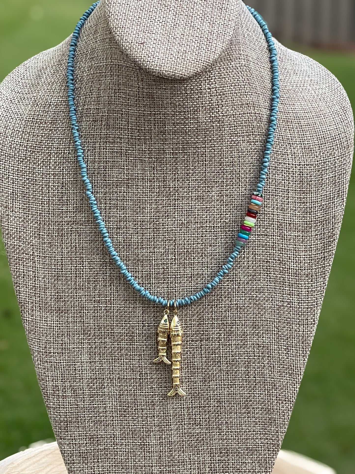 Gone Fishin’ Necklace: Indonesian Java Beads (glass) Mixed Gemstone Accents Gold Fish Pendants