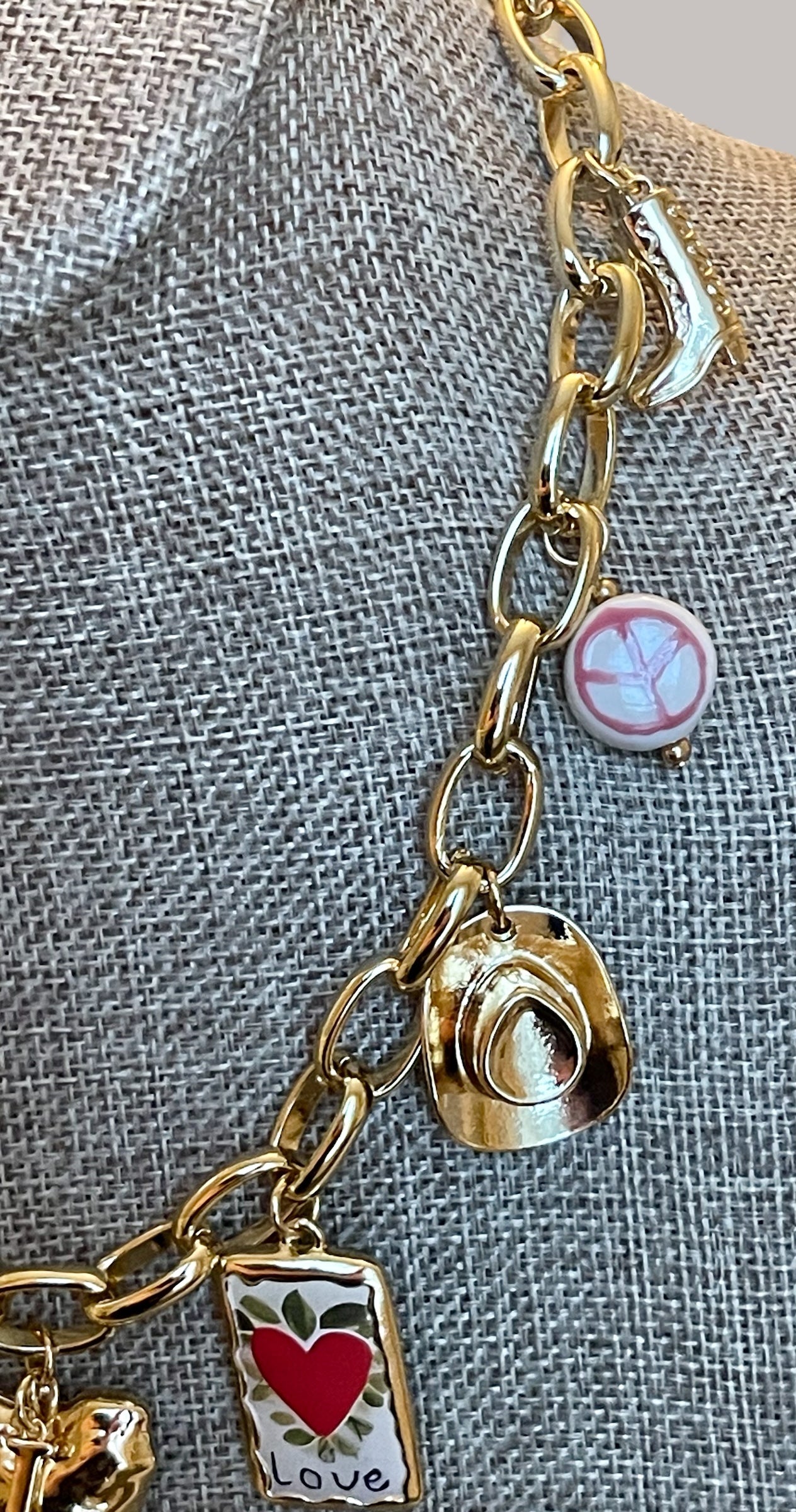 The Rachel Necklace: OOAK Thick gold chain w various fun gold plated charms in a pink and red theme