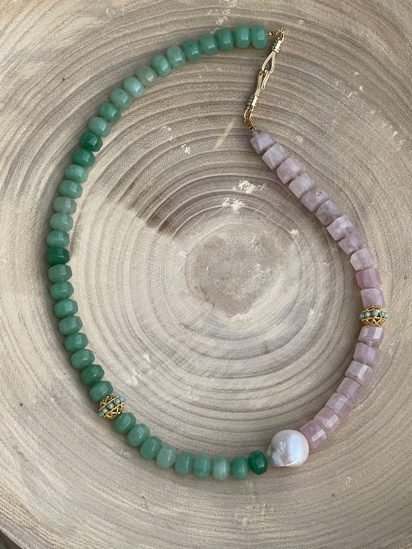 Garden Party OOAK Necklace: Green Aventurine, Rose Quartz, Genuine Baroque Pearl, Pop of Turquoise color in gold accent beads, Gold hook clasp
