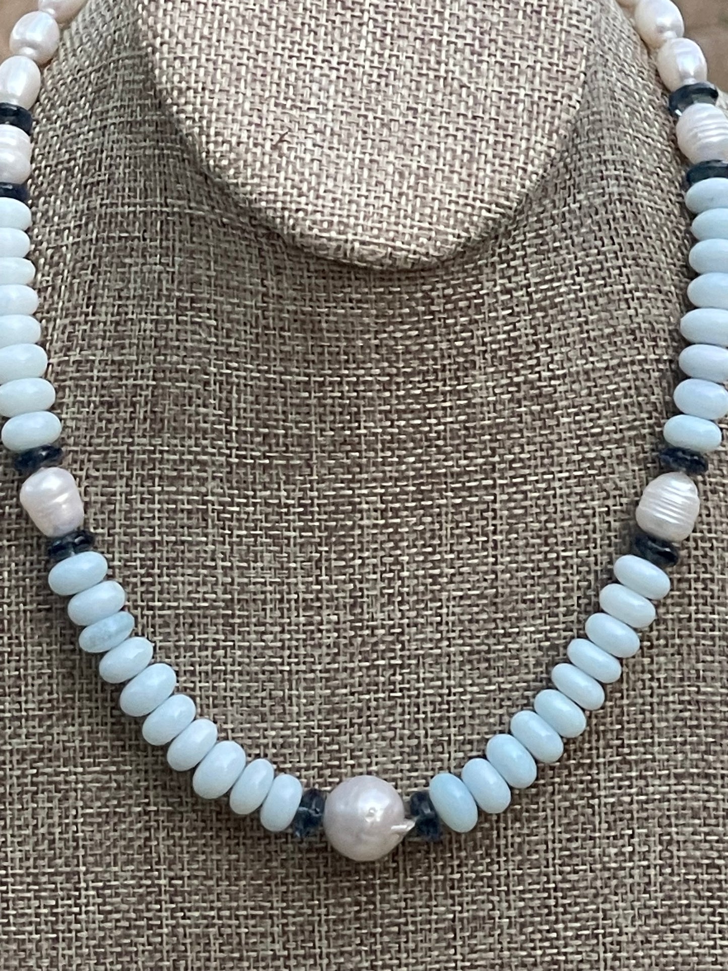 Coastal Charm Necklace OOAK: Pale blue opals AAA quality pearls London blue topaz Brushed silver clasp