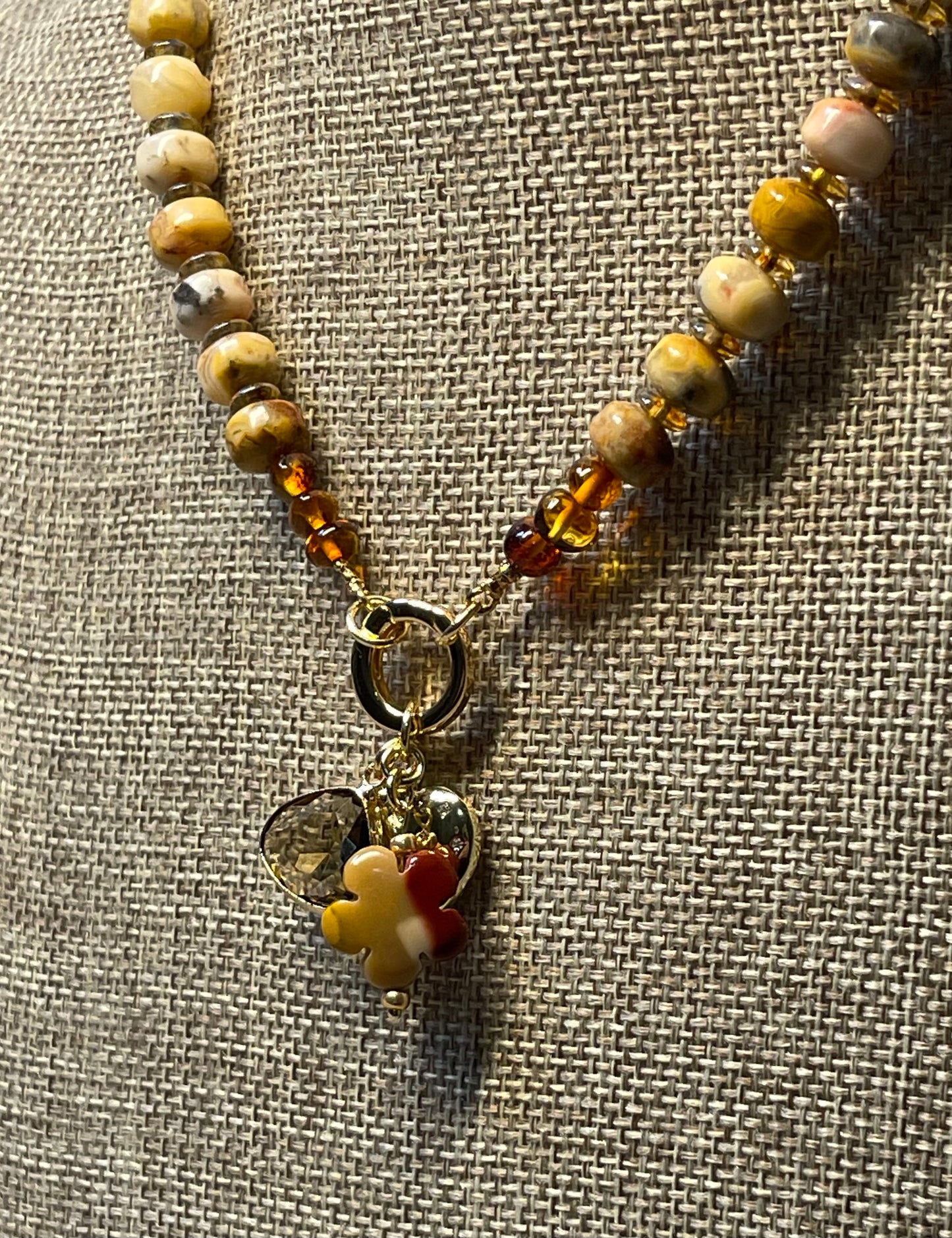 Autumn’s Embrace Necklace: Crazy Lace Agate natural stones in warm tones, Accented w Czech glass, Baltic stones and Gold charms