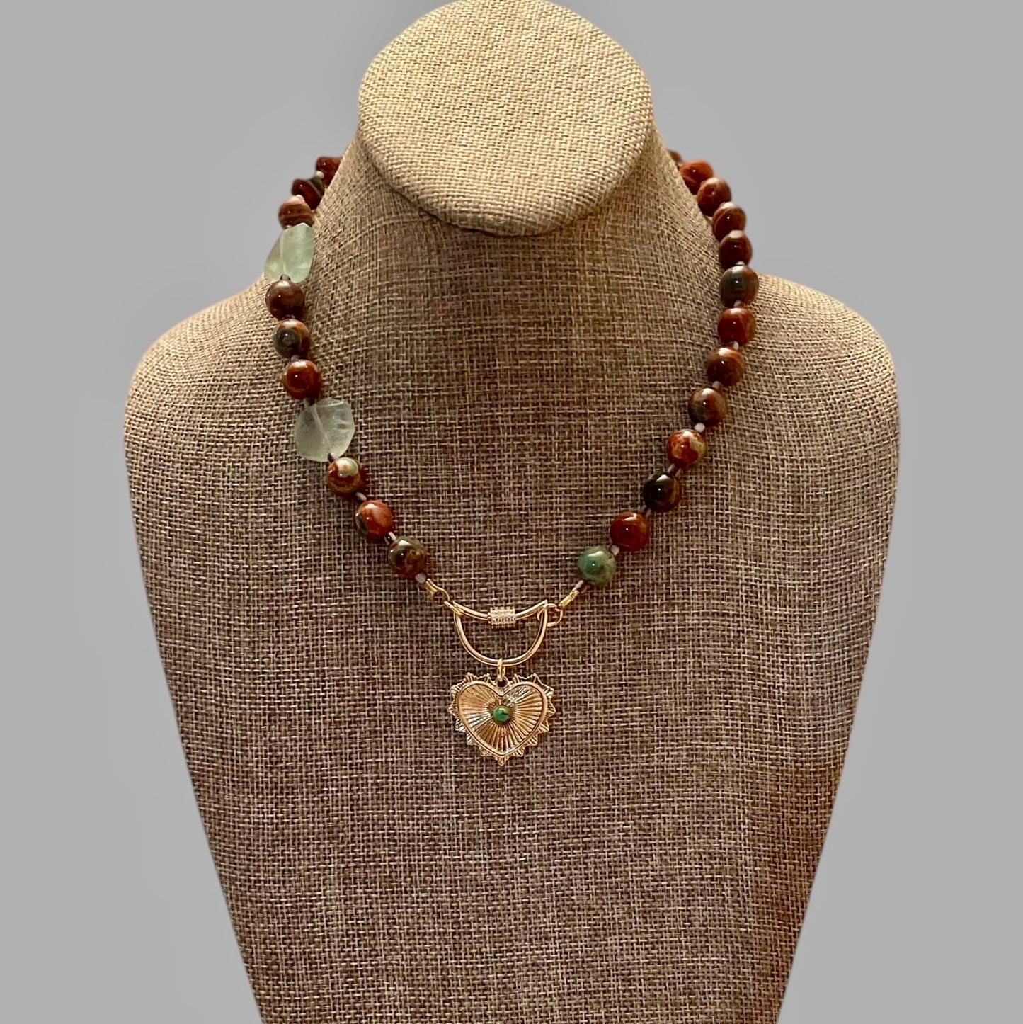 Heirloom Heart Necklace: Red Copper & Sage Agate beads with Green accent stones and a heart pendant