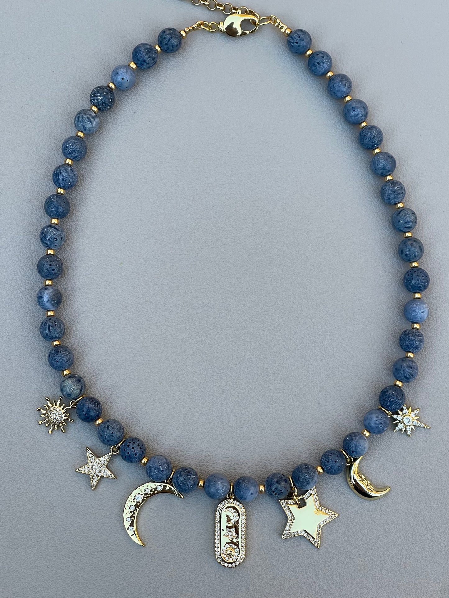 The Celestial Necklace: Indonesian Coral beads perfect for essential oil diffusing, Gold charms with CZ accents