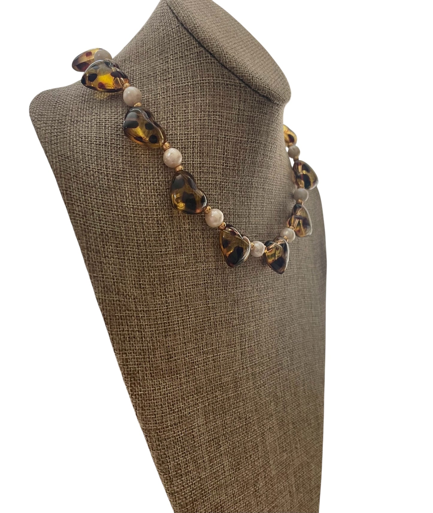 Leopard Love Necklace: Acrylic Leopard Print hearts with gold glass accent beads and Freshwater Pearls Gold Pavé toggle clasp