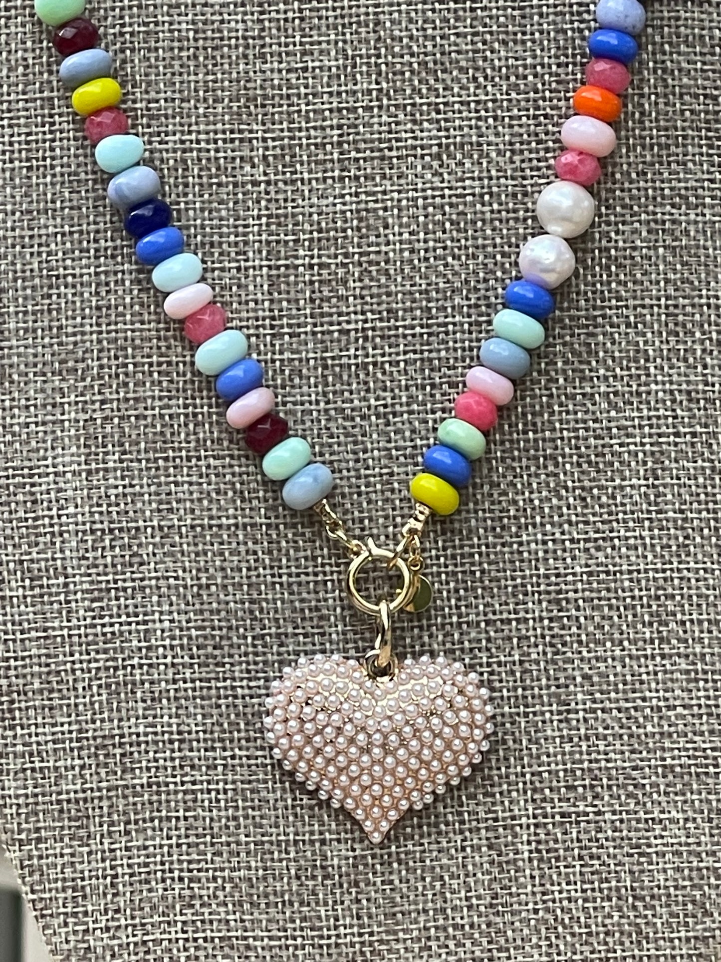 Multi Gemstone Pearl Pavé Heart Necklace: Multi gemstones, high quality round freshwaters pearls OOAK