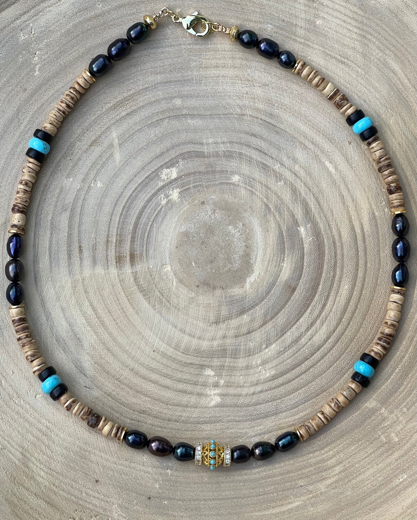 Coconut Midnight Pearl Necklace: Coconut Shell, Freshwater midnight Pearls, Turquoise & gold accents OOAK