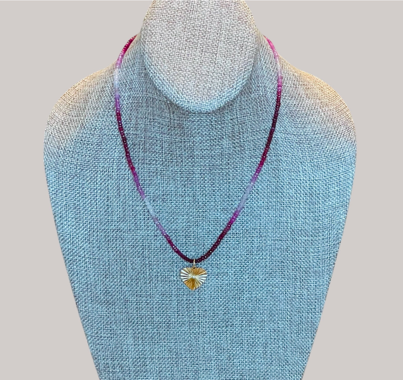 Gradient Ruby Necklace: Natural authentic Ruby gemstone necklace w/ gold heart charm and gold filled lobster clasp OOAK