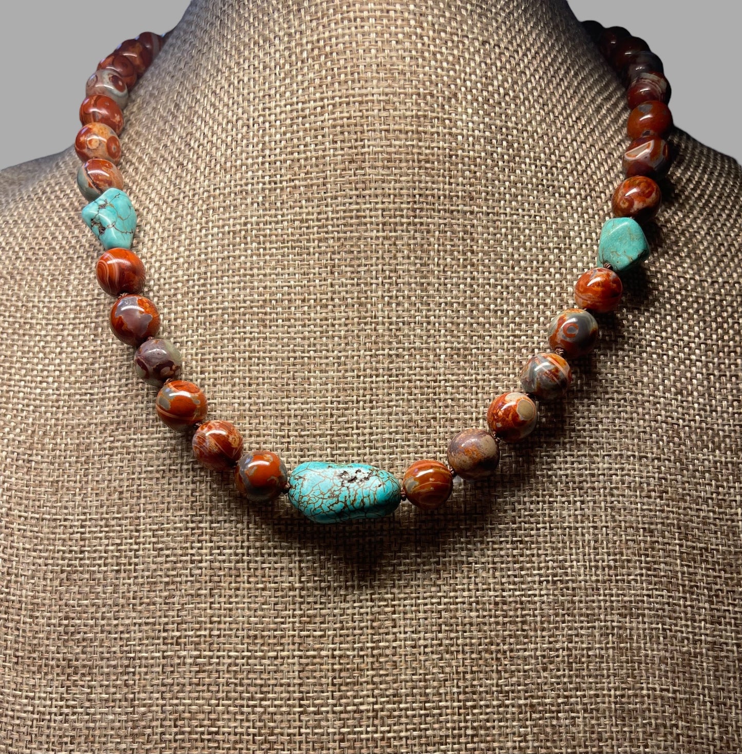 Red Copper & Turquoise Necklace: Hand knotted on brown silk, Natural Agate beads and rustic Turquoise, Gold Toggle clasp OOAK