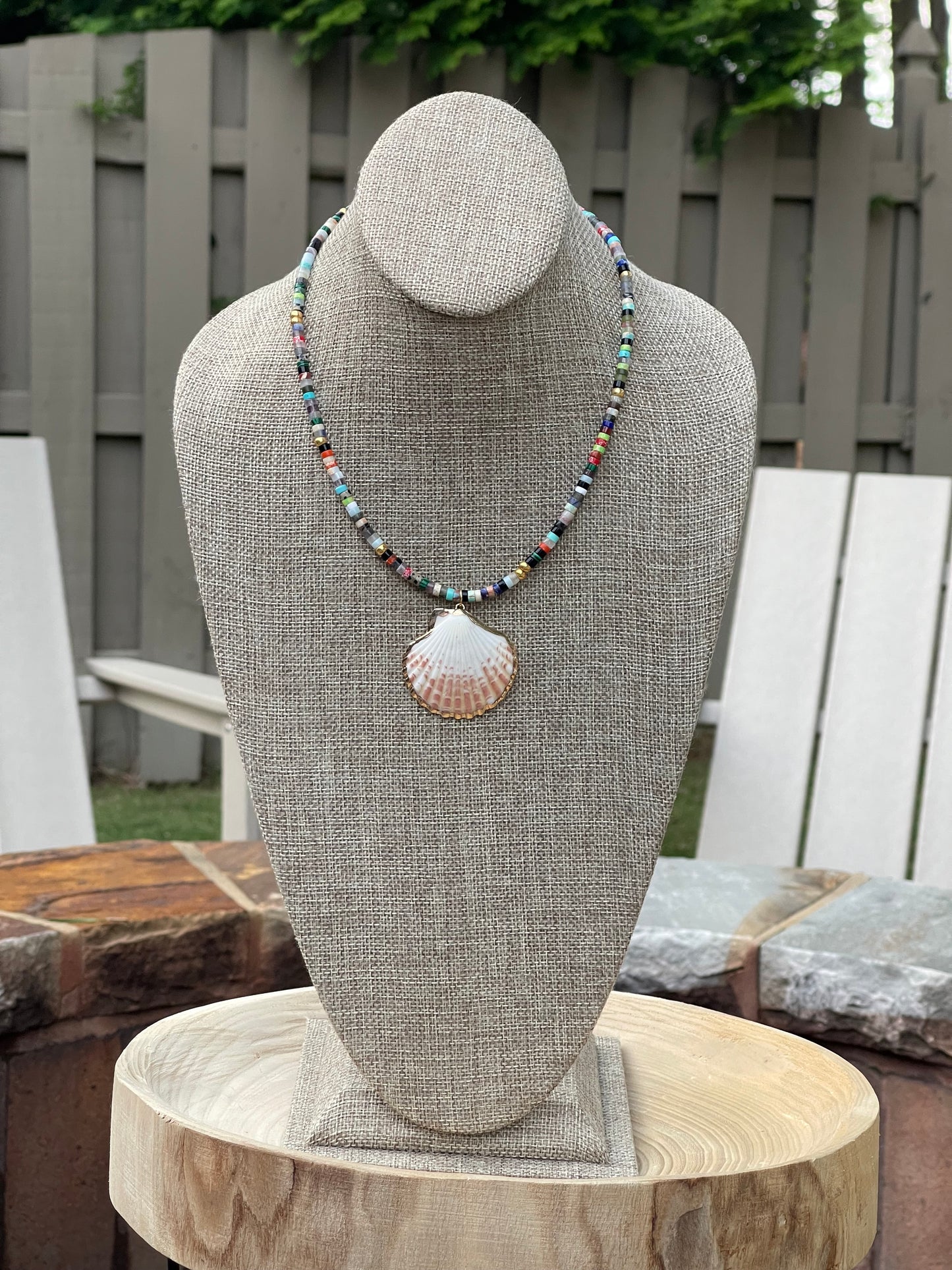 Multi Gem Seashell Necklace: Large variety of natural gemstone beads gold accents Natural seashell pendant