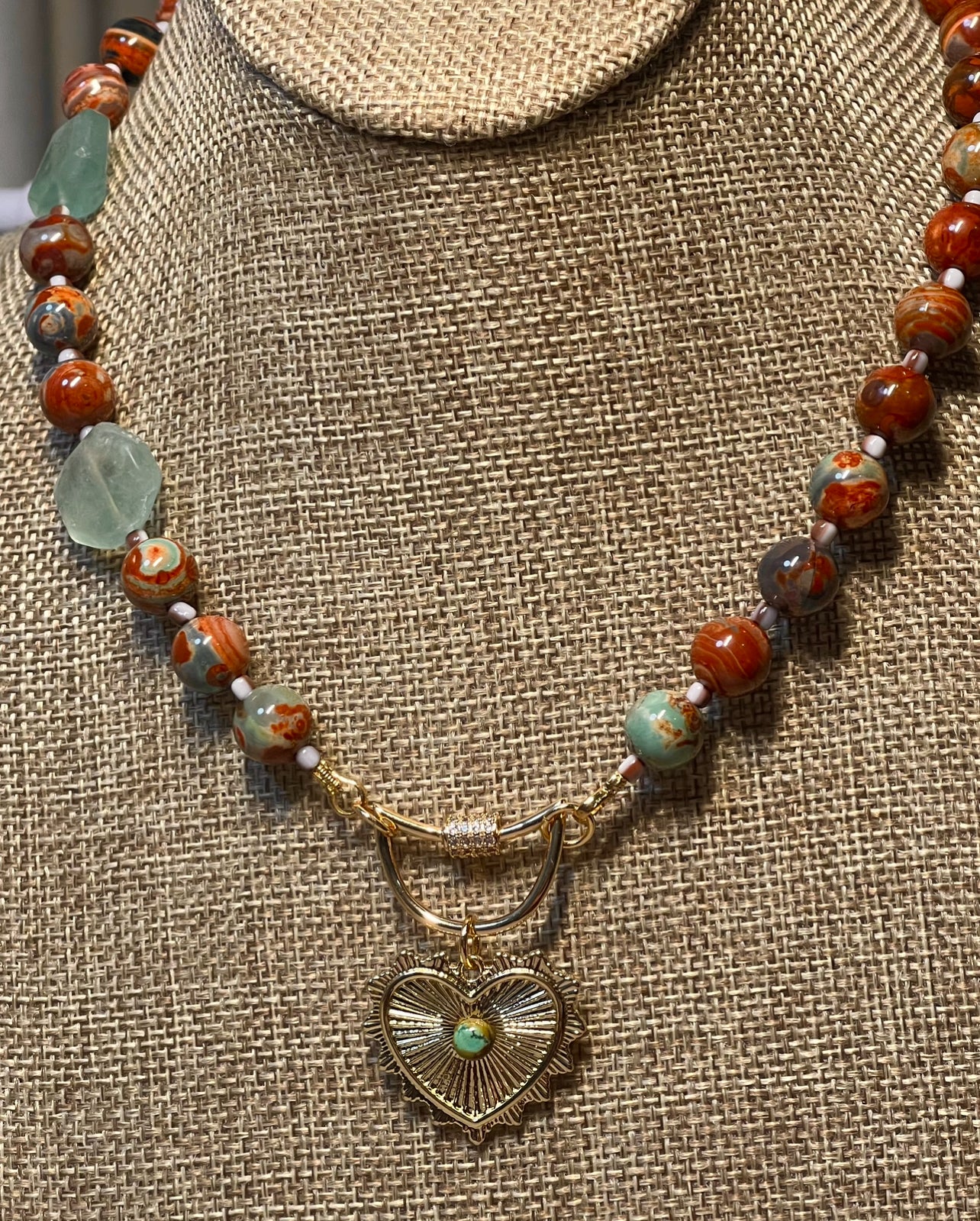 Heirloom Heart Necklace: Red Copper & Sage Agate beads with Green accent stones and a heart pendant