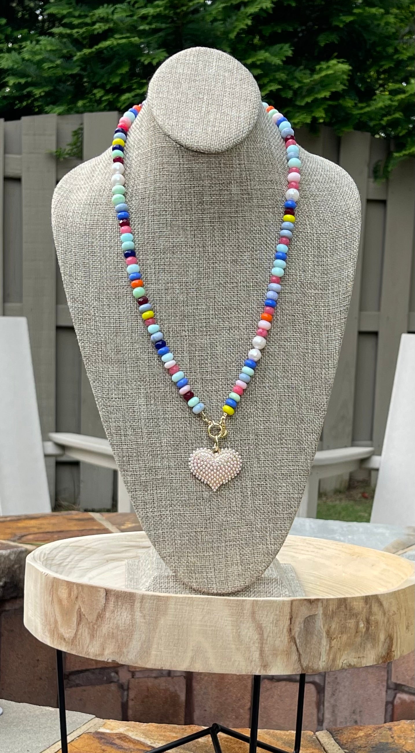 Multi Gemstone Pearl Pavé Heart Necklace: Multi gemstones, high quality round freshwaters pearls OOAK