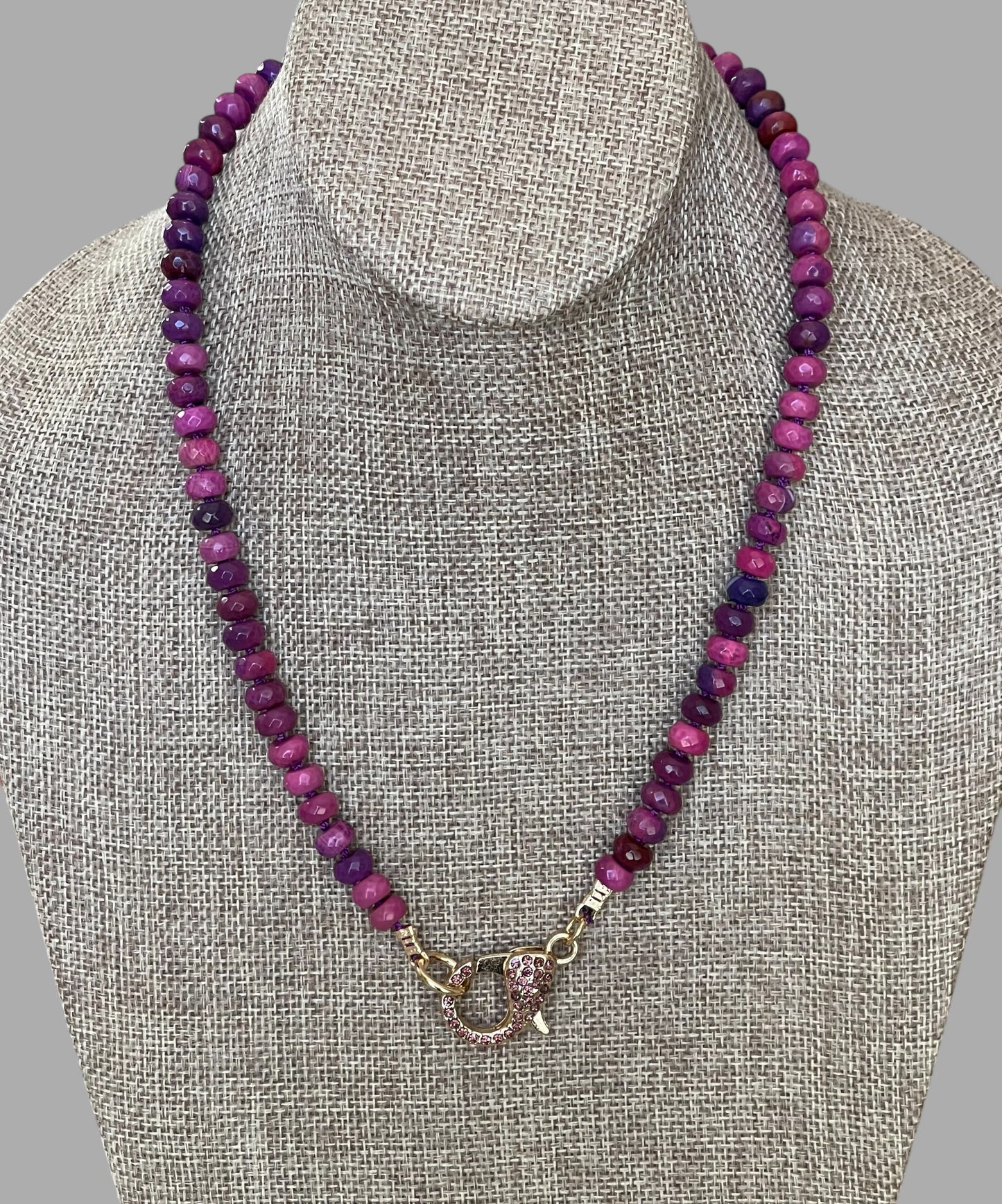 Cascadia Bloom Necklace: 2 Options- Dyed Agate faceted beads Hand knotted on silk, one w/ hot pink silk and hot pink pavé clasp and the other on purple silk w/ purple pavé clasp