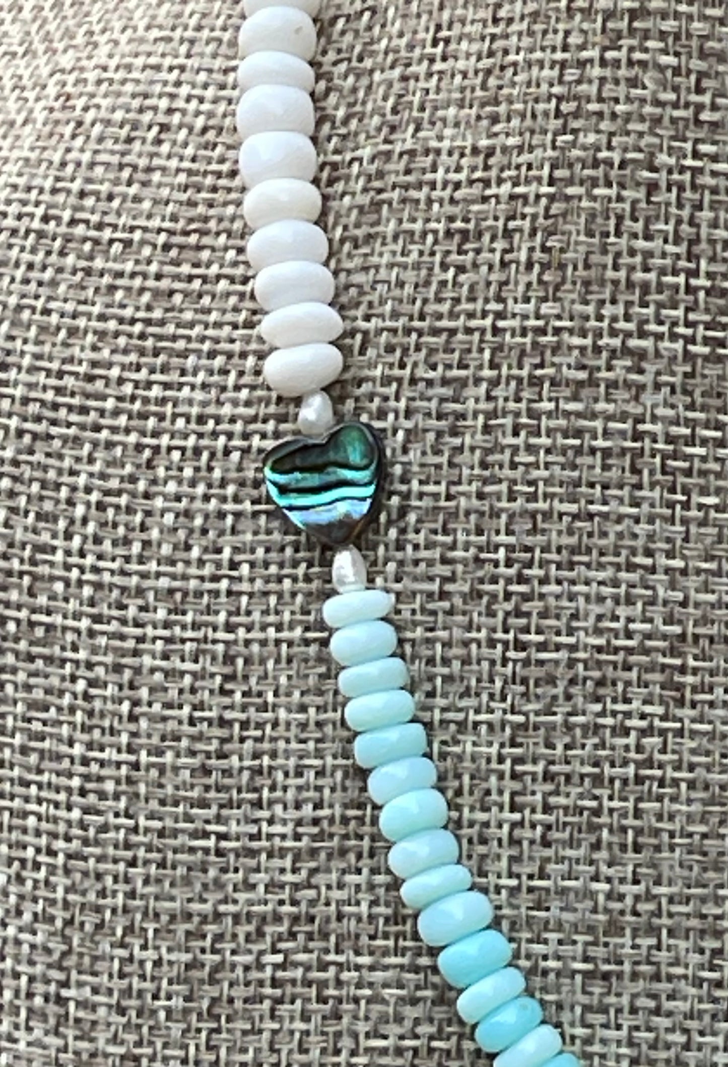 Abalone Hearts Necklace:Peruvian blue &white Opals Abalone shell 🩵 Baroque Pearl OOAK