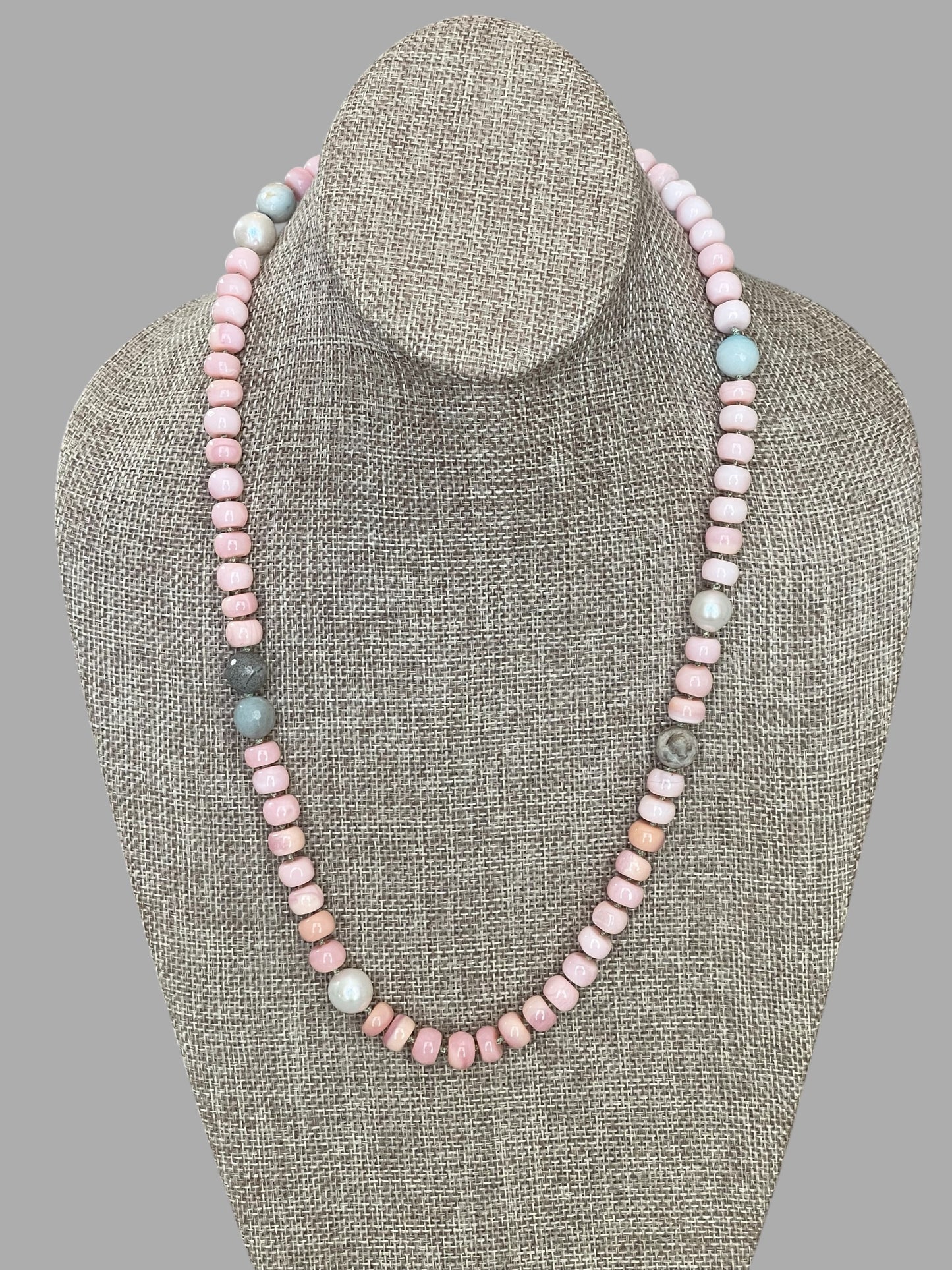 The Audrey Necklace: Natural pink opals hand knotted on pale green silk w Pearls and Amazonite