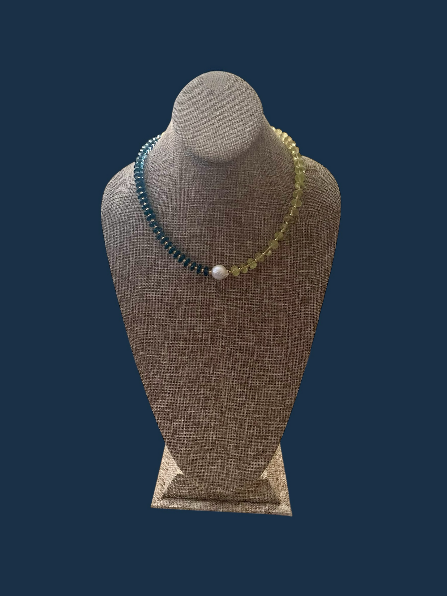 Lemon London Necklace: Lemon Quartz and London Blue Topaz Gemstone Beads Gold Accents Baroque Pearl Center OOAK
