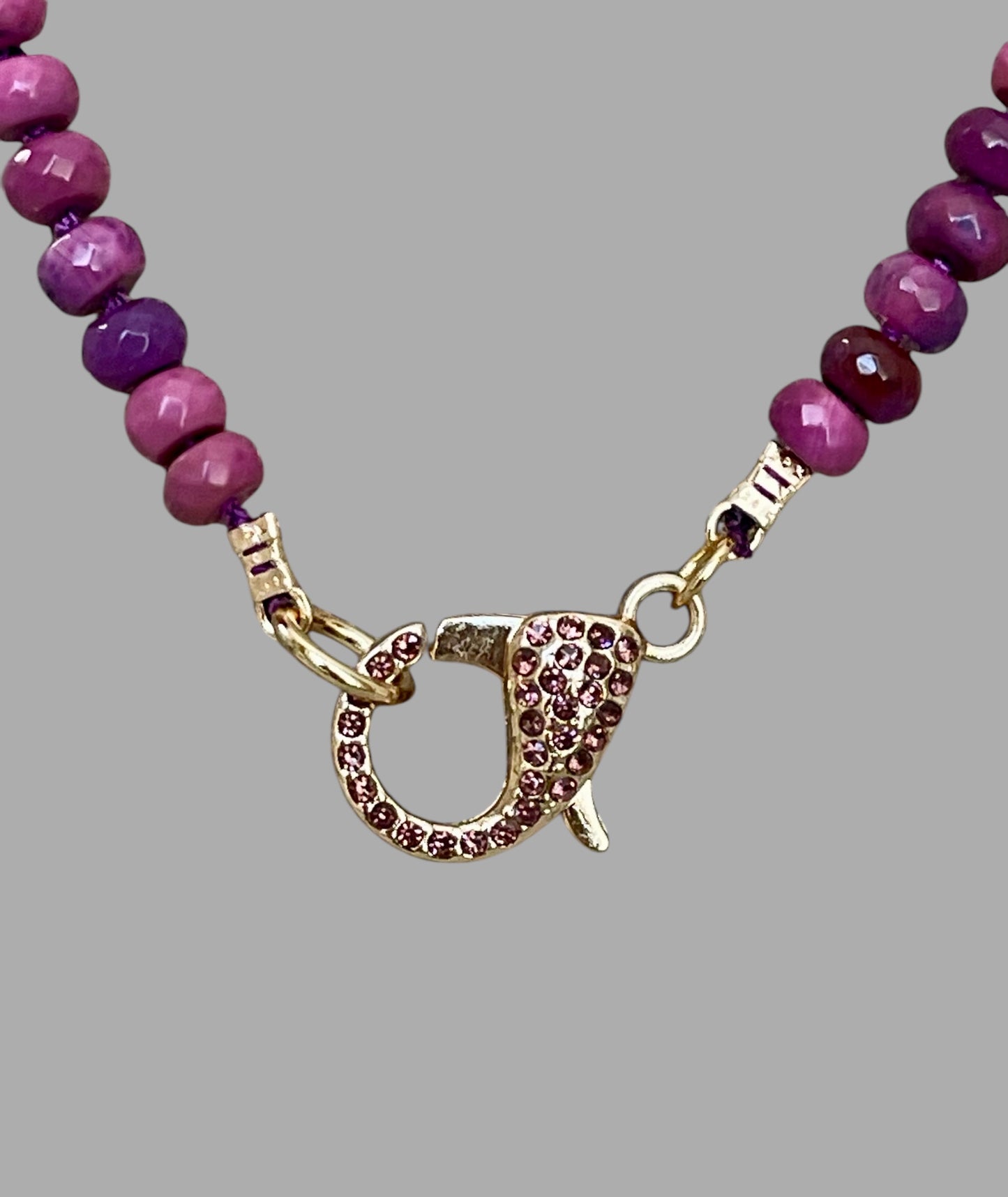Cascadia Bloom Necklace: 2 Options- Dyed Agate faceted beads Hand knotted on silk, one w/ hot pink silk and hot pink pavé clasp and the other on purple silk w/ purple pavé clasp